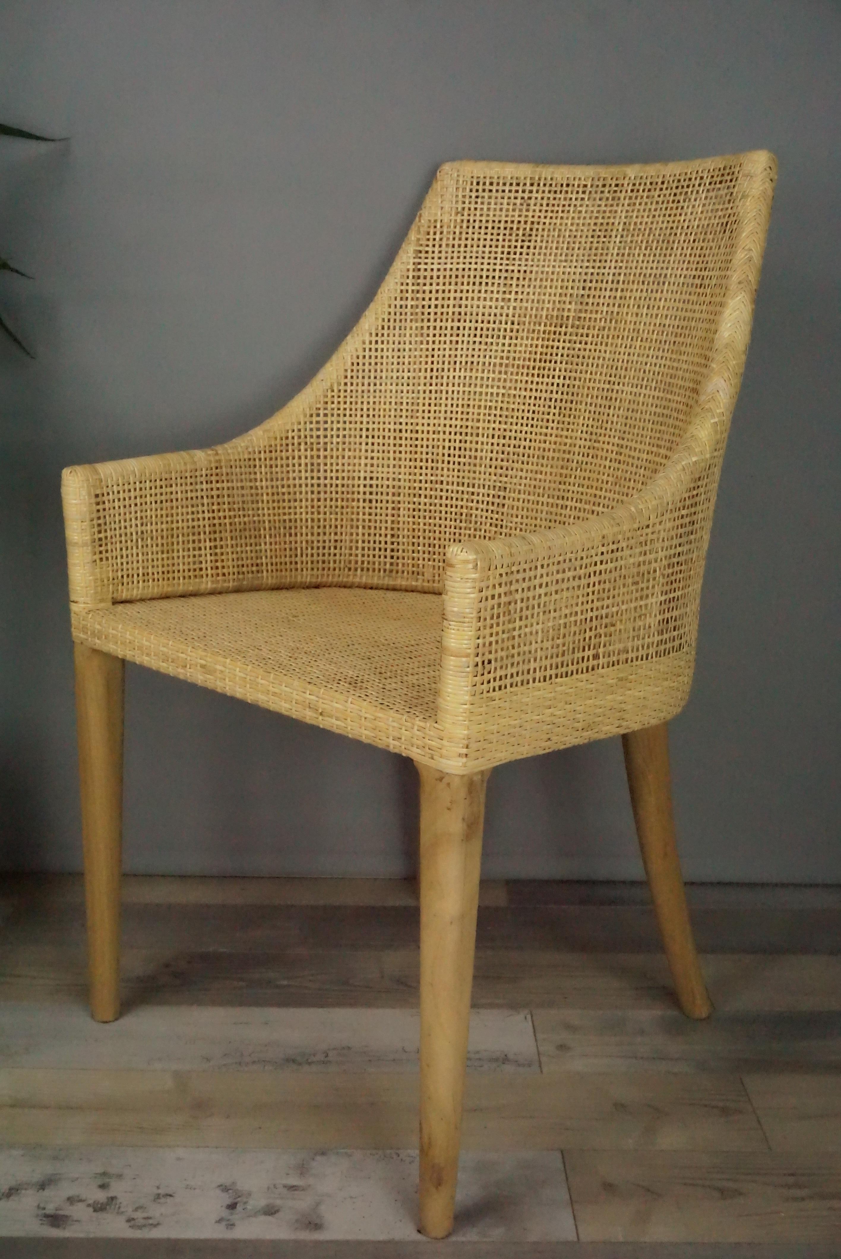 Mid-Century Modern Rattan and Wooden Set of Six Armchairs French Design