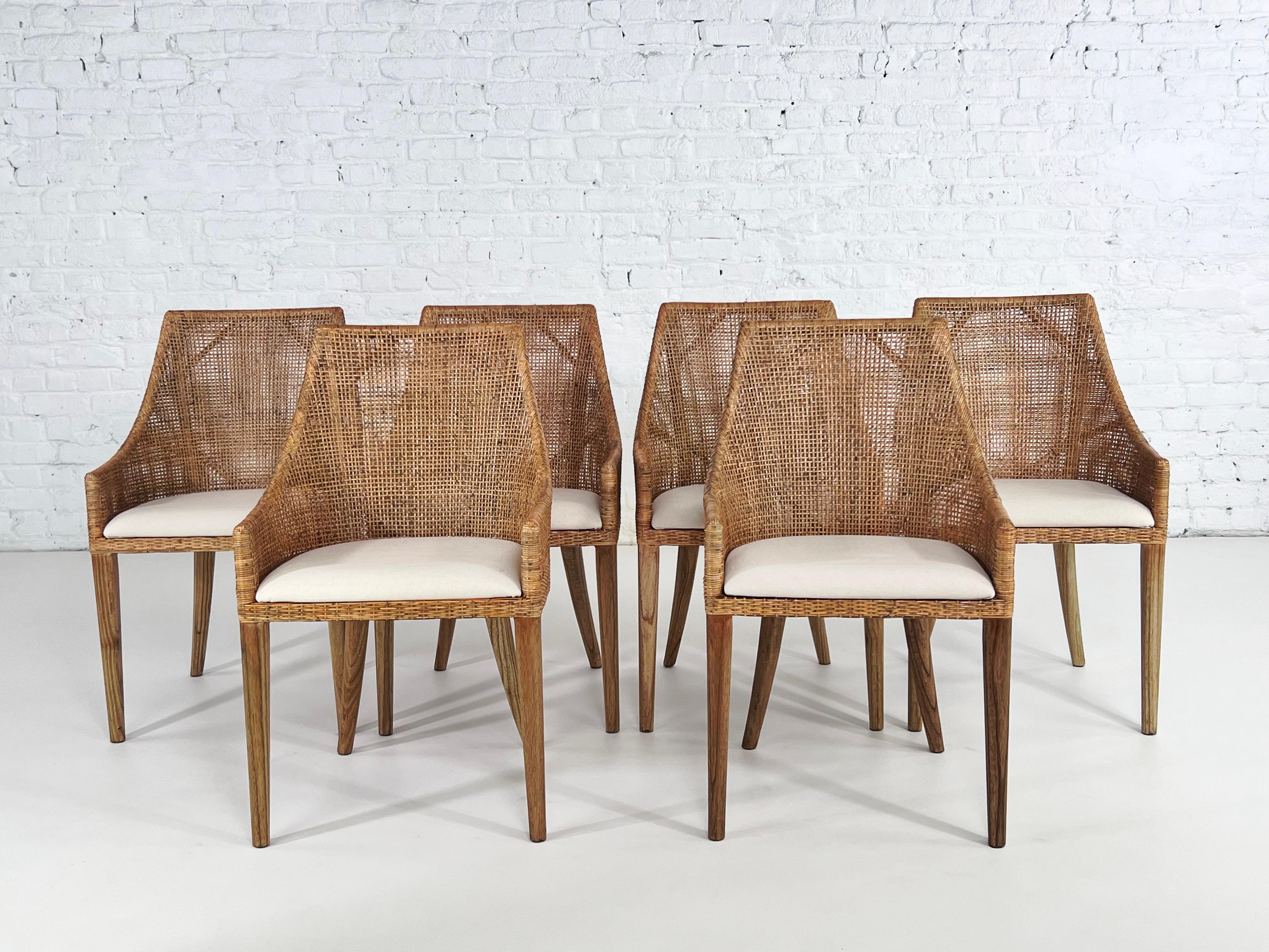 Mid-Century Modern Rattan and Wooden Set of Six Armchairs French Design For Sale