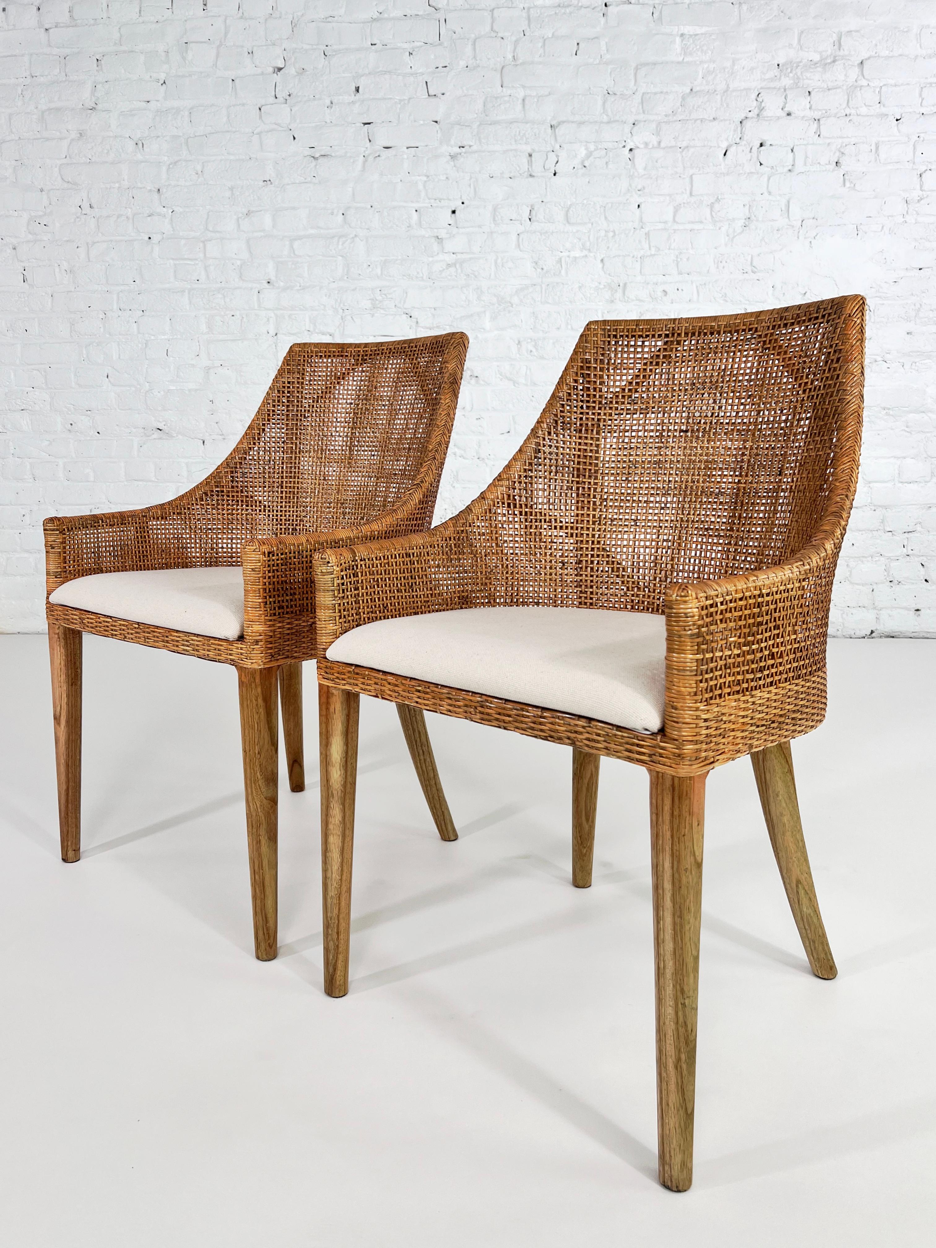 Contemporary Rattan and Wooden Set of Six Armchairs French Design For Sale