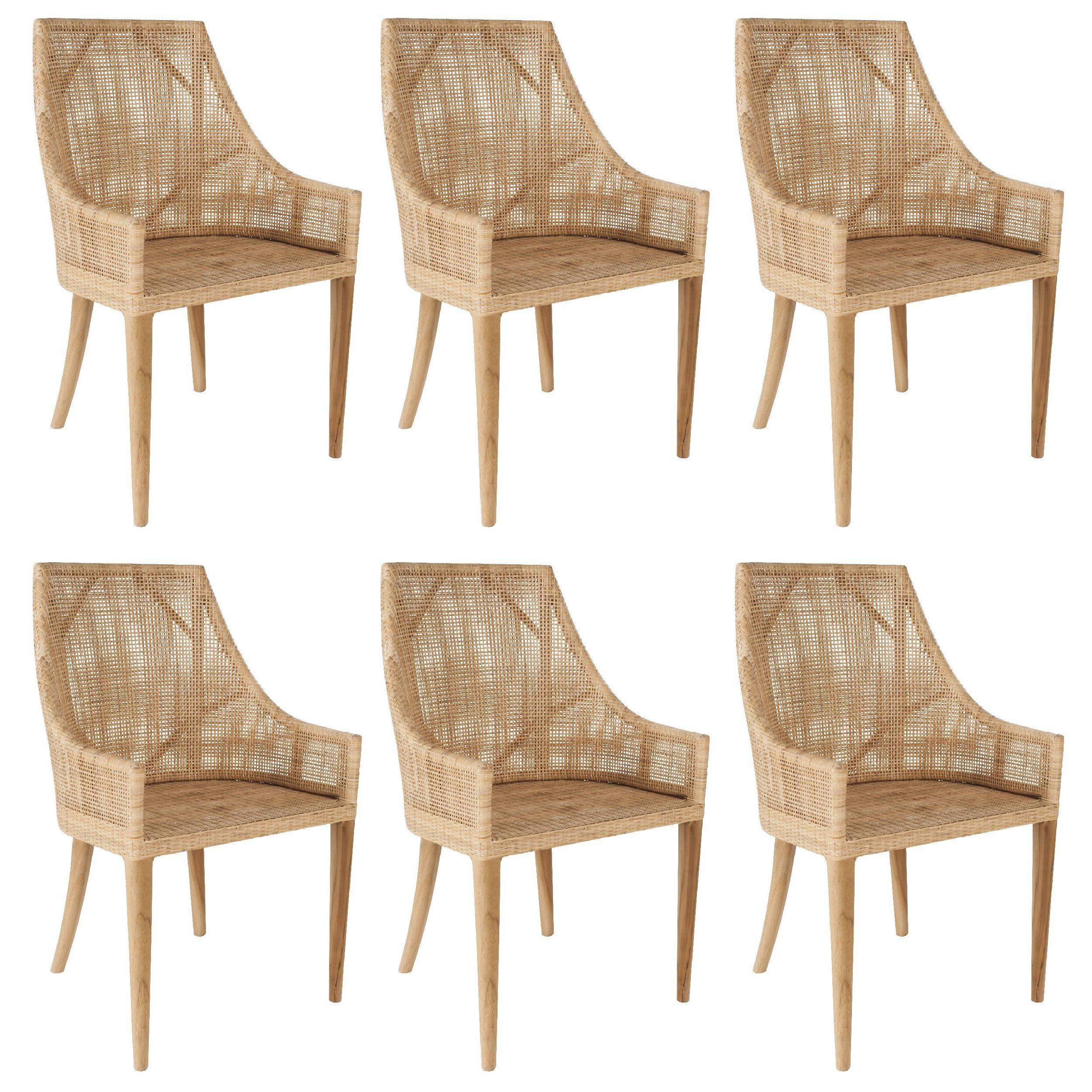 Rattan and Wooden Set of Six Armchairs French Design