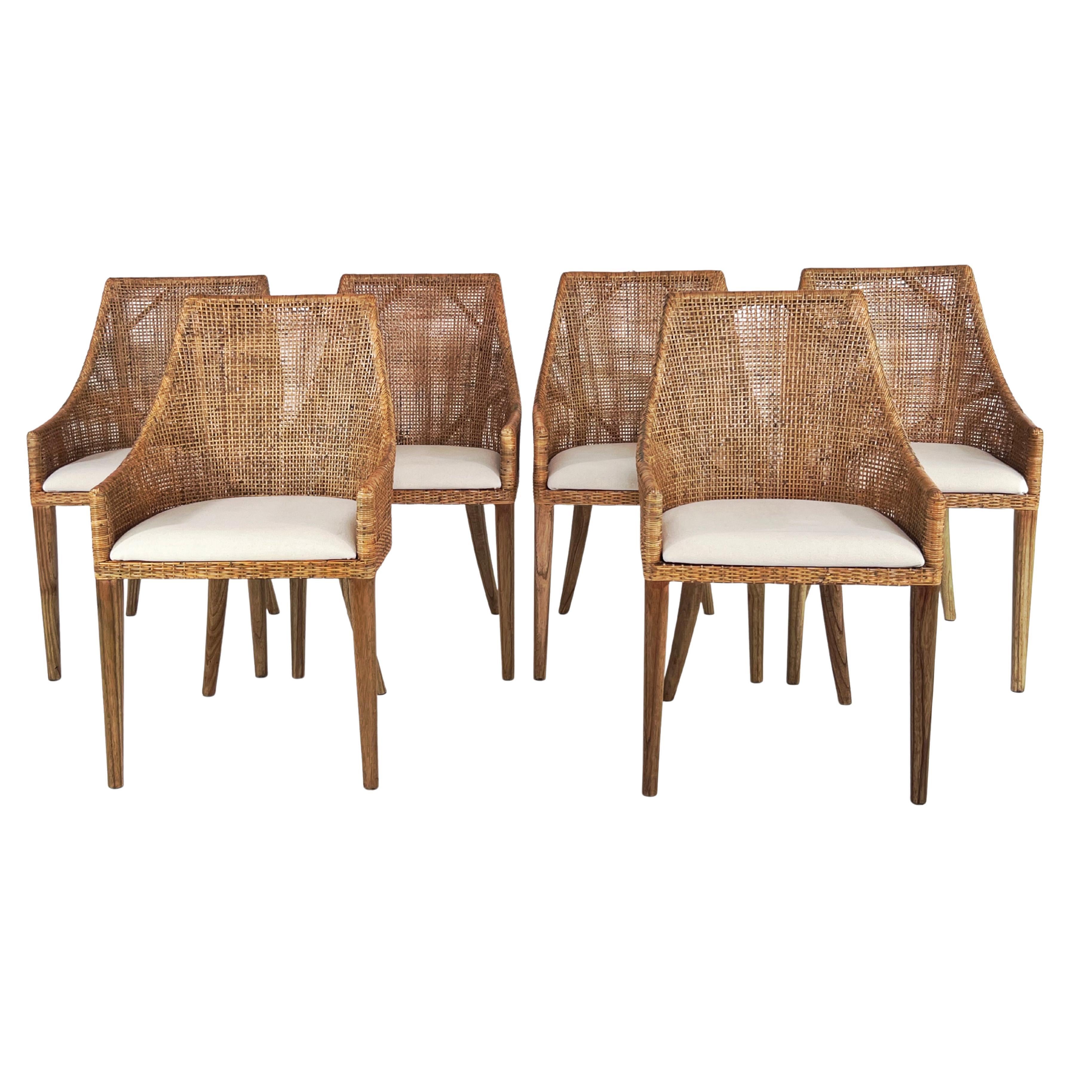 Set aus sechs Sesseln aus Rattan und Holz, französisches Design
