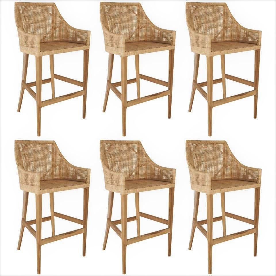 Set of six rattan high bar stools with natural teak wooden feet, braided and handcrafter rattan seat combining quality, robustness and class. They will be perfect on your terrace, in your veranda, your winter garden, around the kitchen bar! In