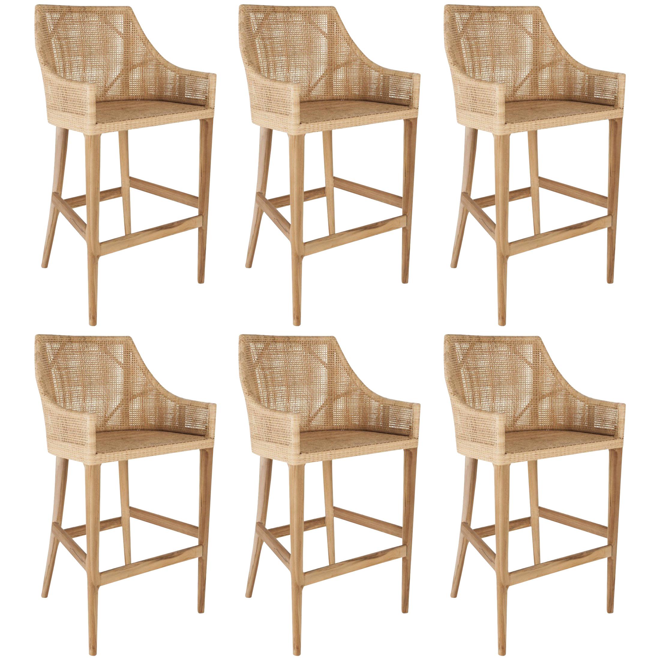 Rattan and Wooden Set of Six High Bar Stools