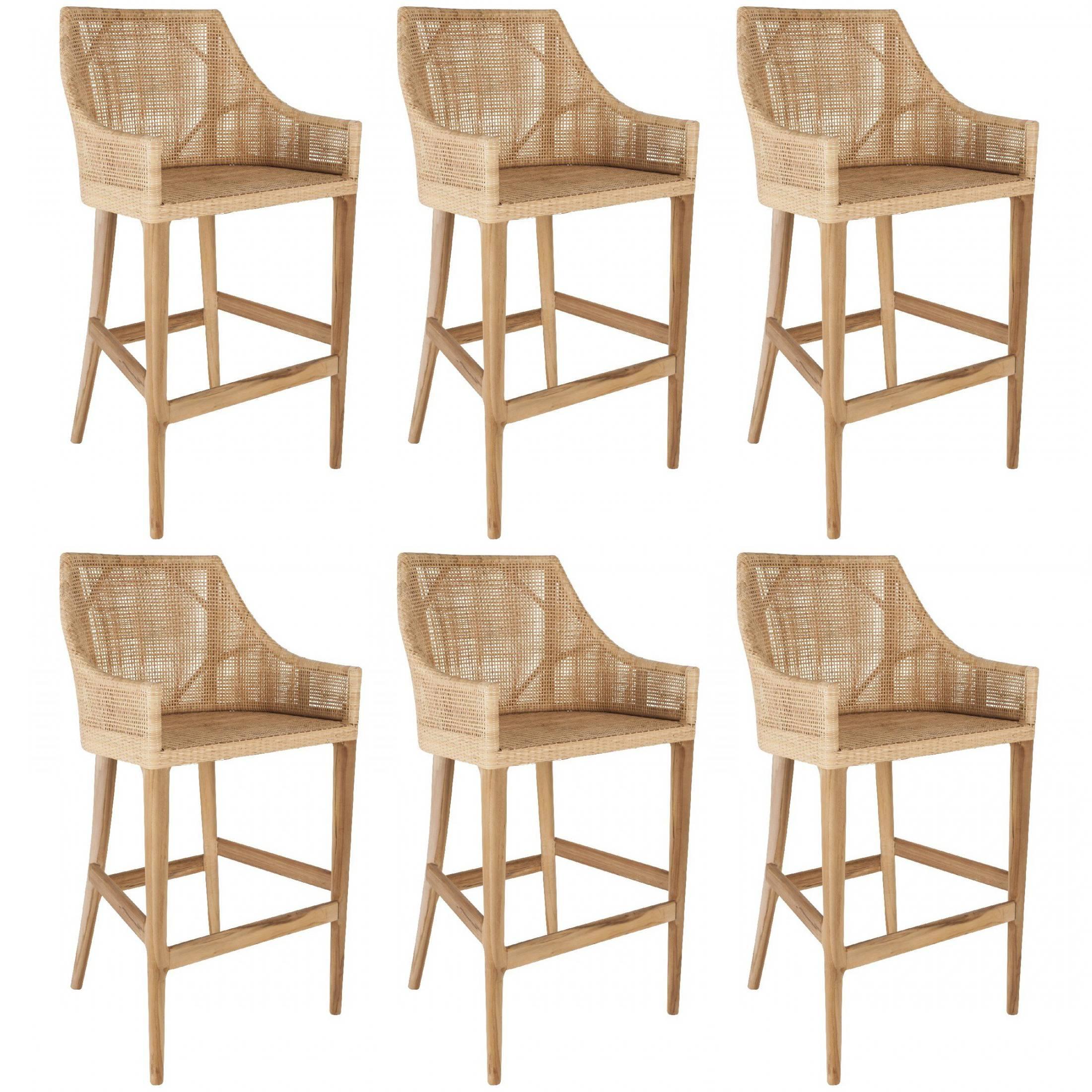 Rattan and Wooden Set of Six Counter Stools