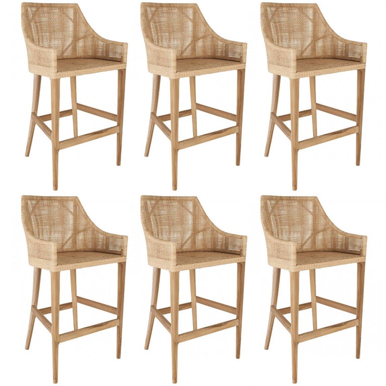 Rattan And Wooden Set Of Six Bar Stools, Wicker Bar With Stools