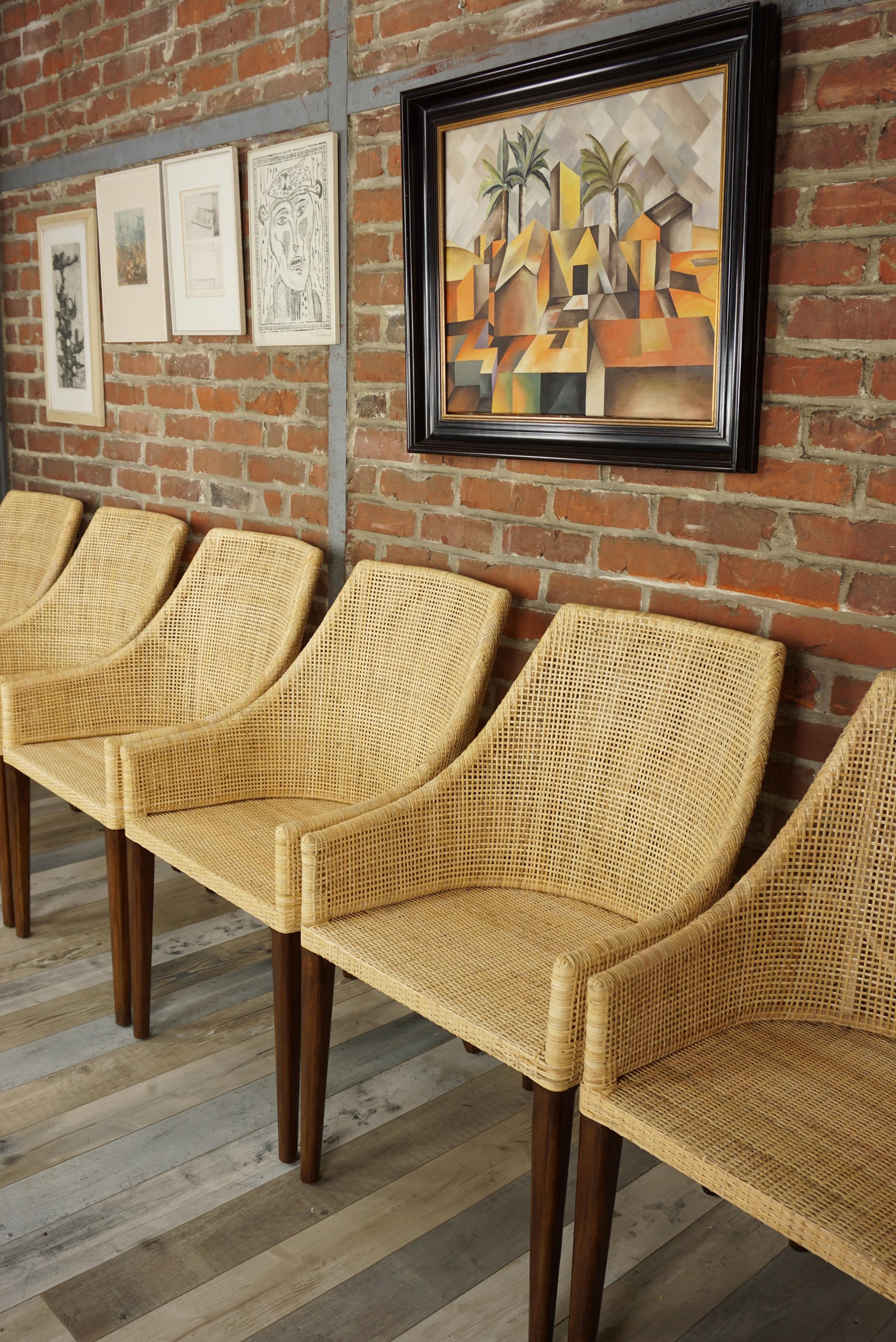 Set aus sechs Esszimmerstühlen aus Rattan und Holz, französisches Design im Angebot 6
