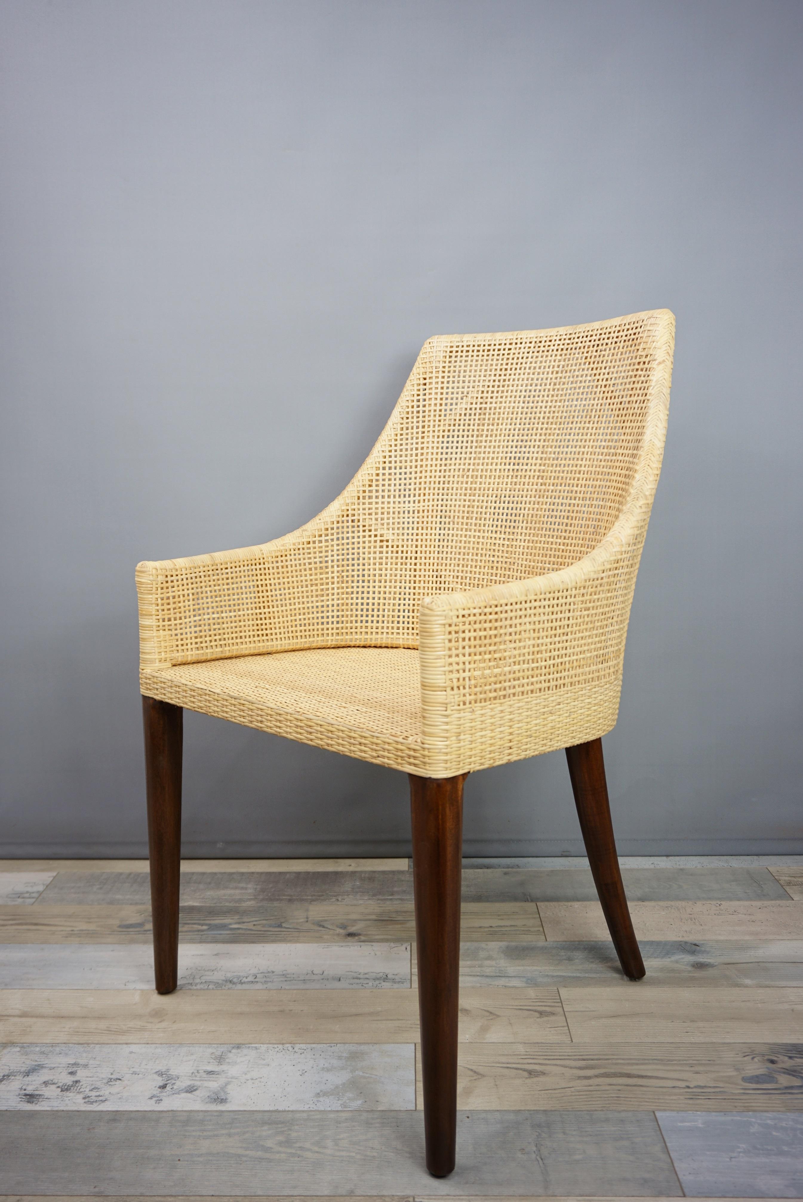Mid-Century Modern Rattan and Wooden Set of Six Dining Chairs French Design For Sale