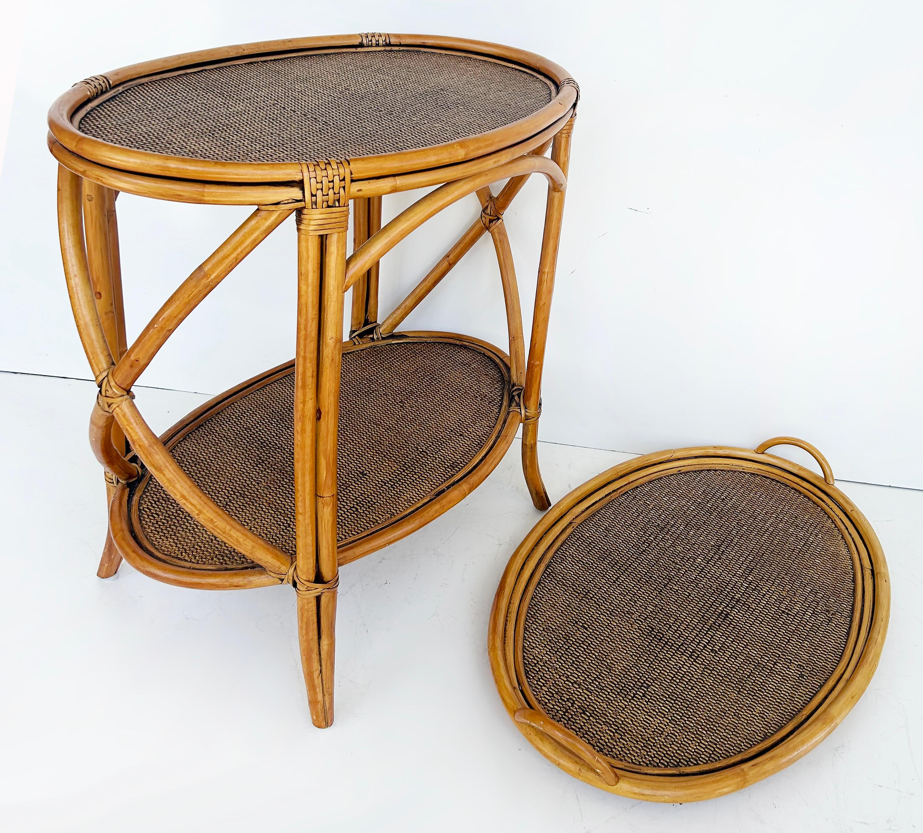 Rattan and Woven Grasscloth Oval Removable Tray Top Table 

Offered for sale is a rattan and woven grasscloth oval tray table with a removable tray top with handles. The table has gracefully curved legs with a grasscloth-covered top and lower shelf.