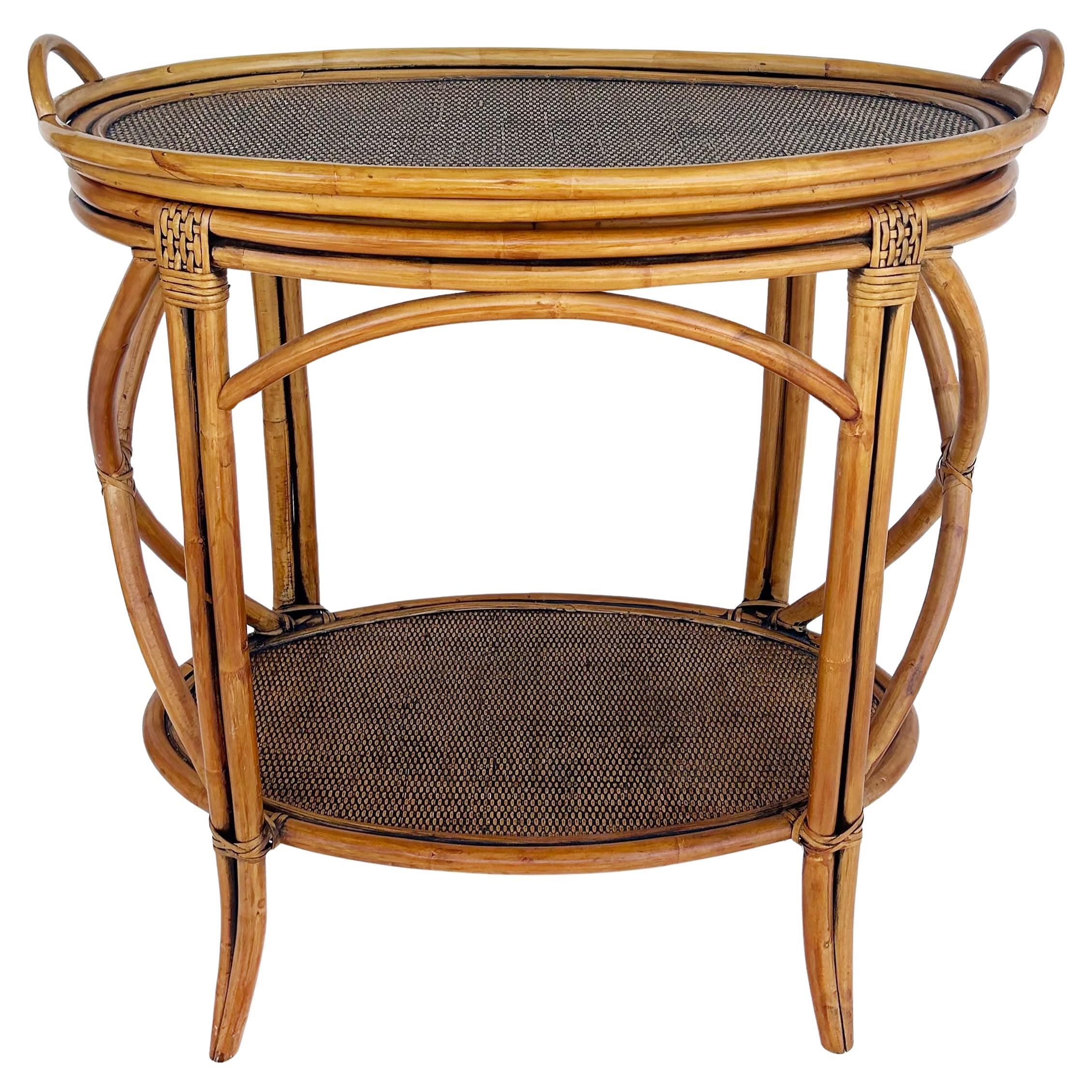 Rattan and Woven Grasscloth Oval Removable Tray Top Table  For Sale