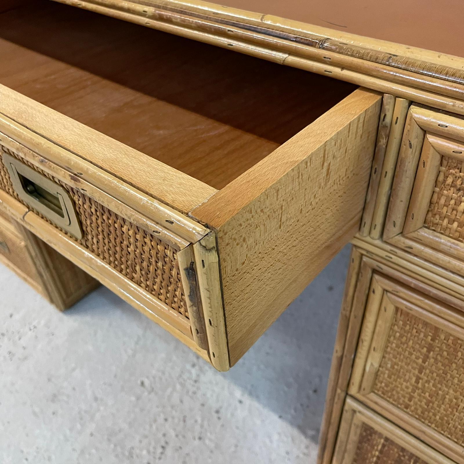Rattan and Woven Raffia Desk with Brass Handles by Vivai del Sud circa 1970 3