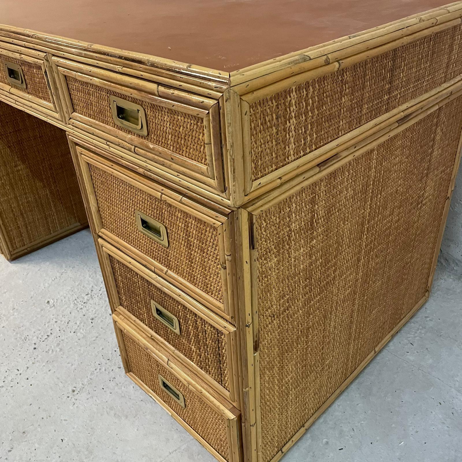 Rattan and Woven Raffia Desk with Brass Handles by Vivai del Sud circa 1970 4