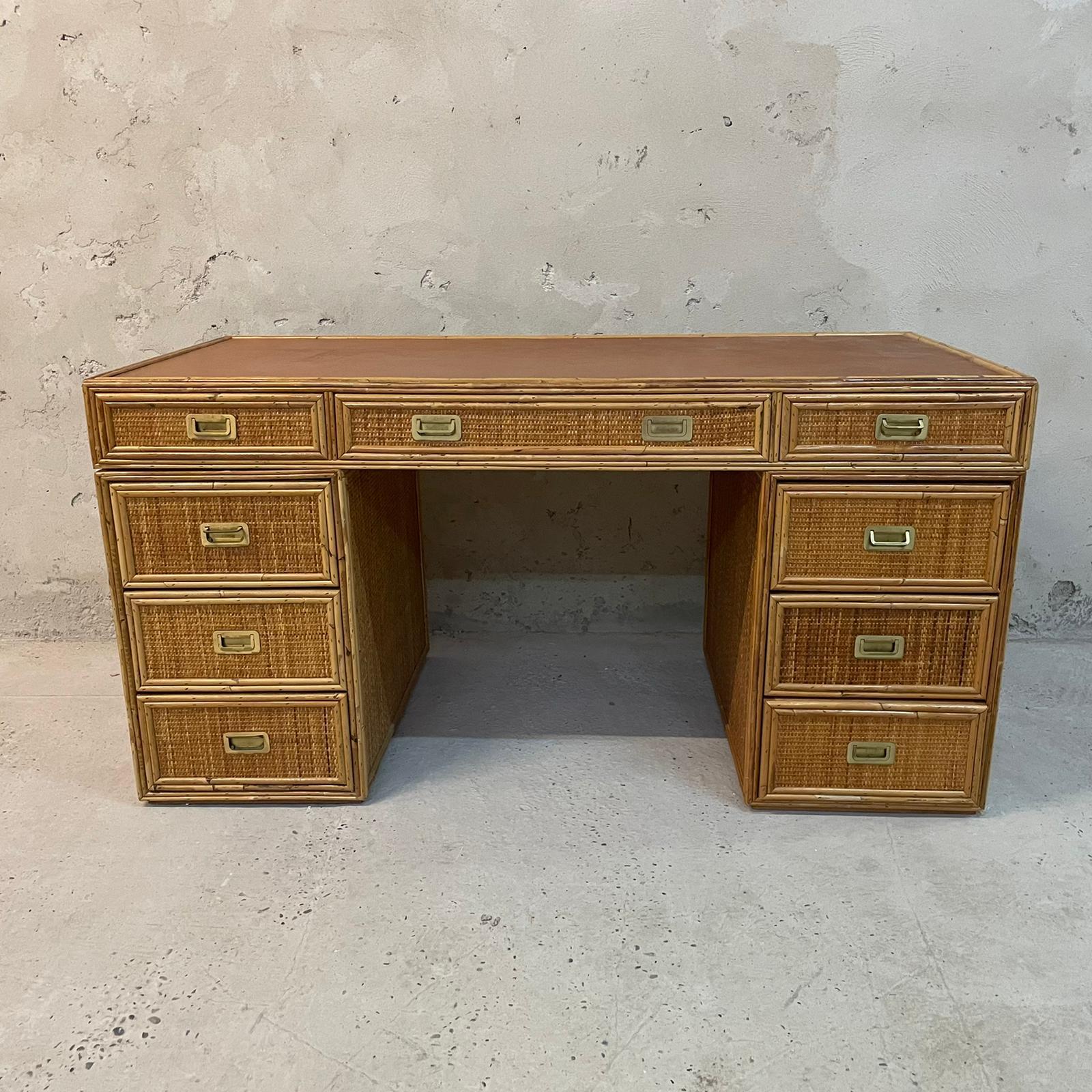 Rattan and Woven Raffia Desk with Brass Handles by Vivai del Sud circa 1970 1