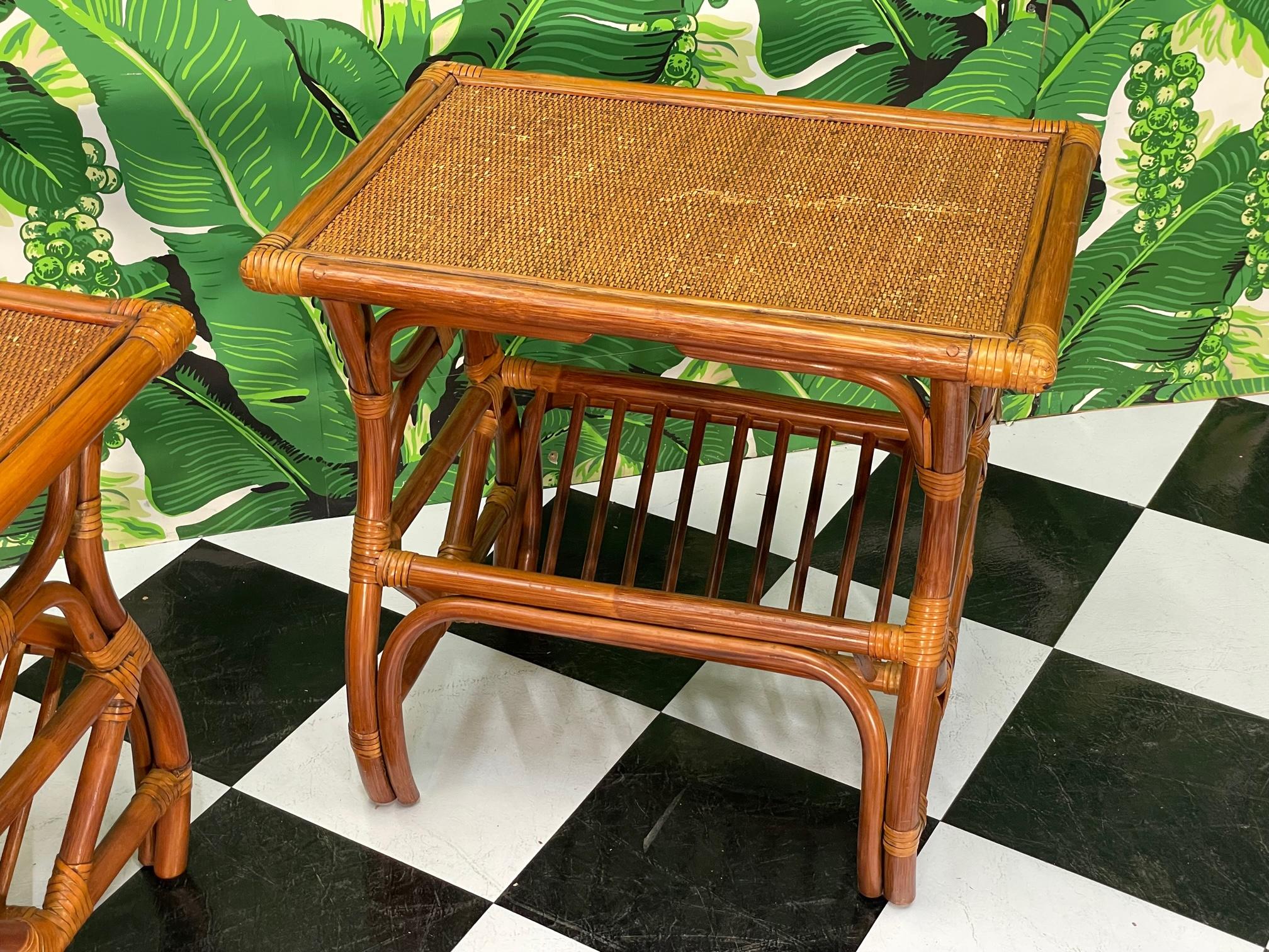 20th Century Rattan and Woven Wicker Magazine Rack End Tables For Sale