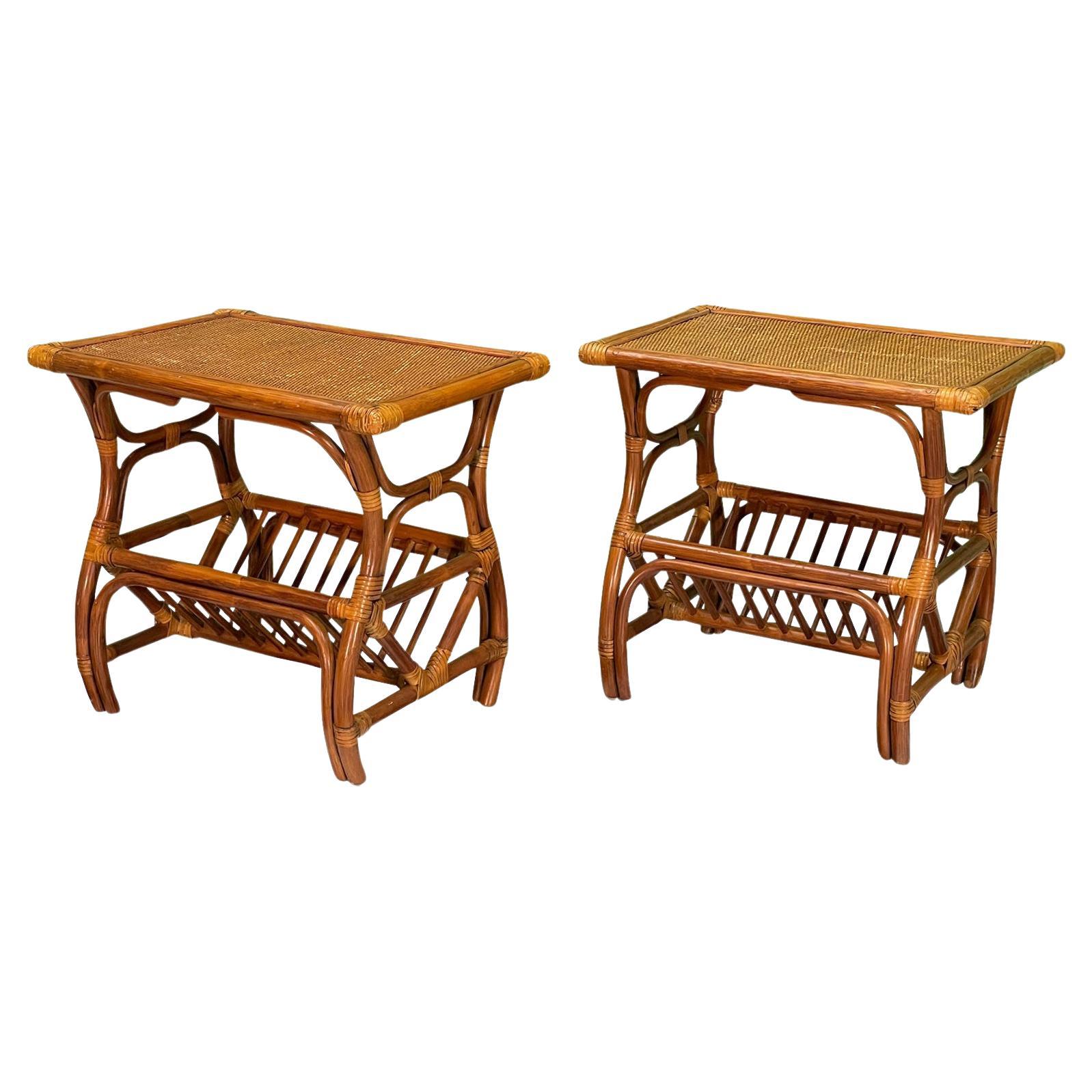 Rattan and Woven Wicker Magazine Rack End Tables For Sale