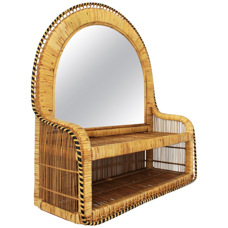 Rattan Woven Wicker Wall Shelf Mirror, 1970s For Sale at 1stDibs wicker mirror with shelf