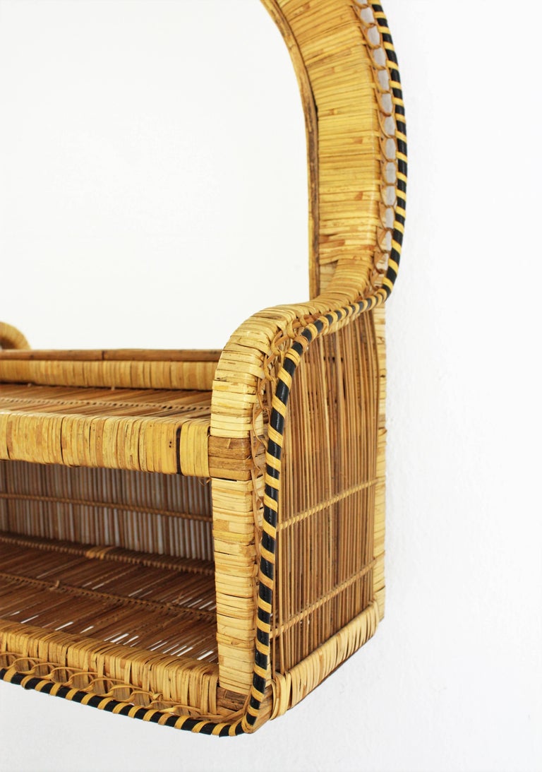 Rattan Woven Wicker Wall Shelf Mirror, 1970s For Sale at 1stDibs