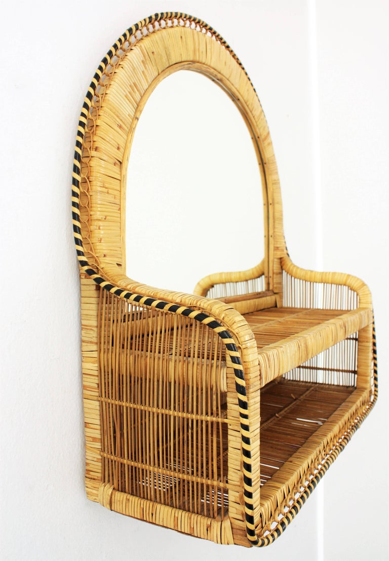 Rattan Woven Wicker Wall Shelf Mirror, 1970s For Sale at 1stDibs