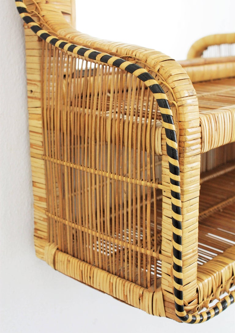 Rattan Woven Wicker Wall Shelf Mirror, 1970s For Sale at 1stDibs