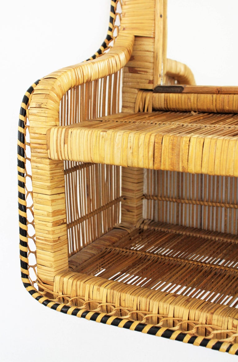 Rattan Woven Wicker Wall Shelf Mirror, 1970s For Sale at 1stDibs