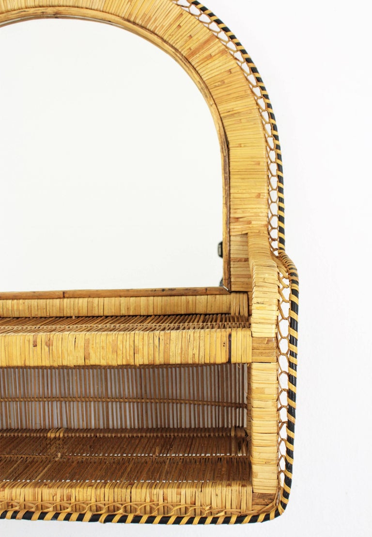Rattan Woven Wicker Wall Shelf Mirror, 1970s For Sale at 1stDibs