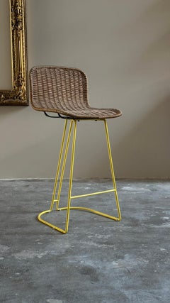 Sgabello in rattan e ferro giallo, prodotto da Cidue, Italia, intorno agli anni ’70
