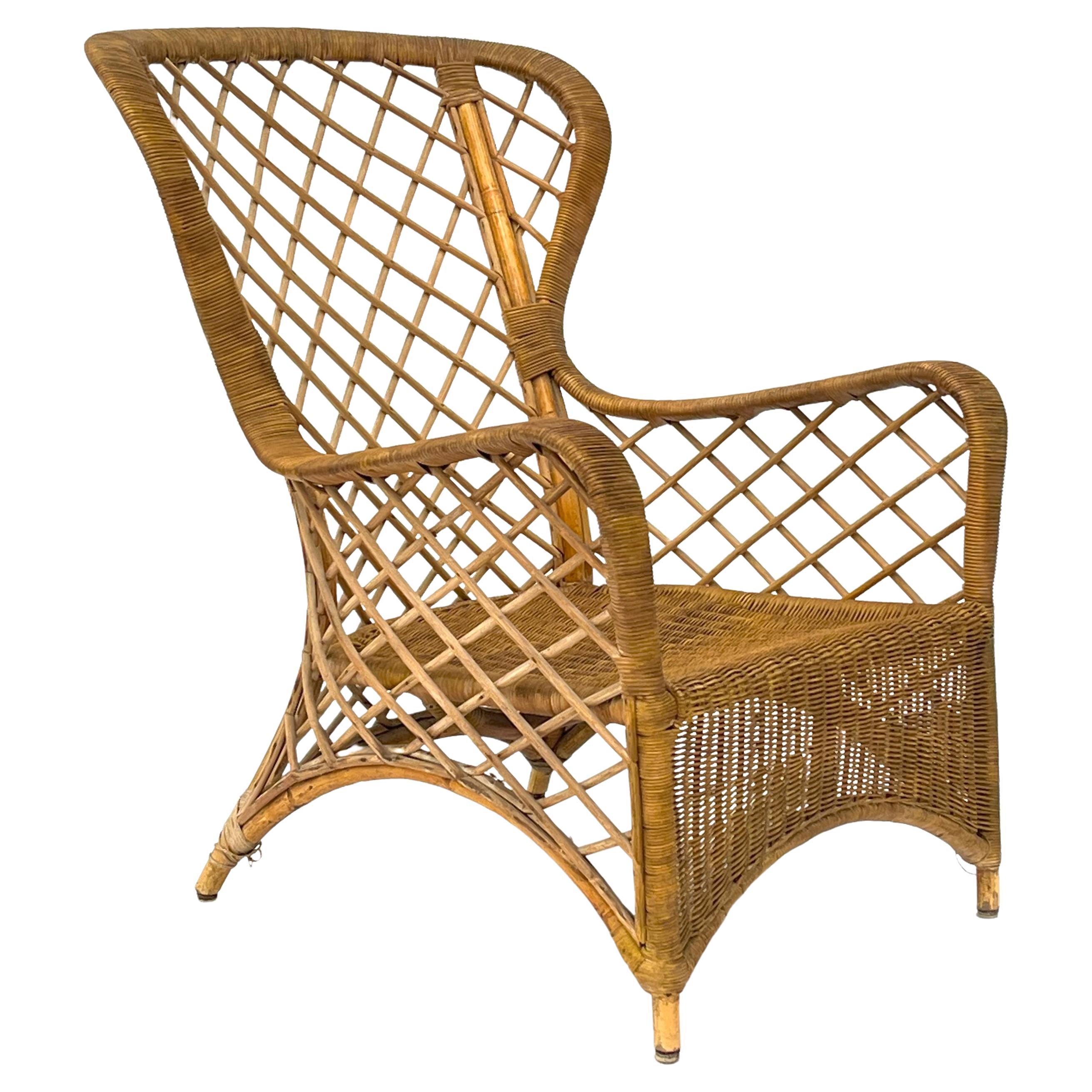 Rattan Lounge Chair (Footrest) Attributed to Louis Sognot, Chevallier, 1952