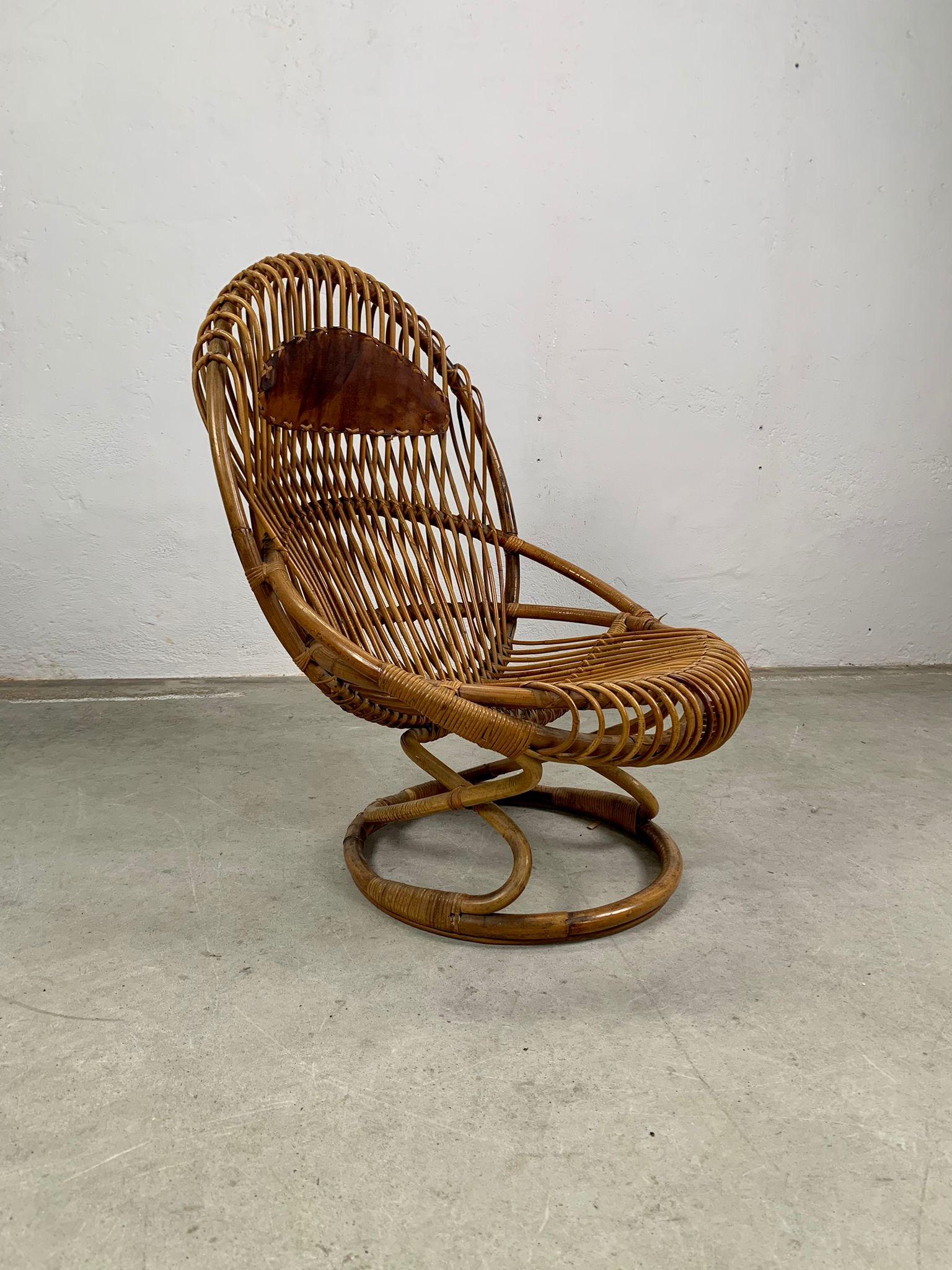 Mid-Century moderno Rattan armchair mod. Tre cerchi by Tito Agnoli for Bonacina, Italy, 1960s in vendita