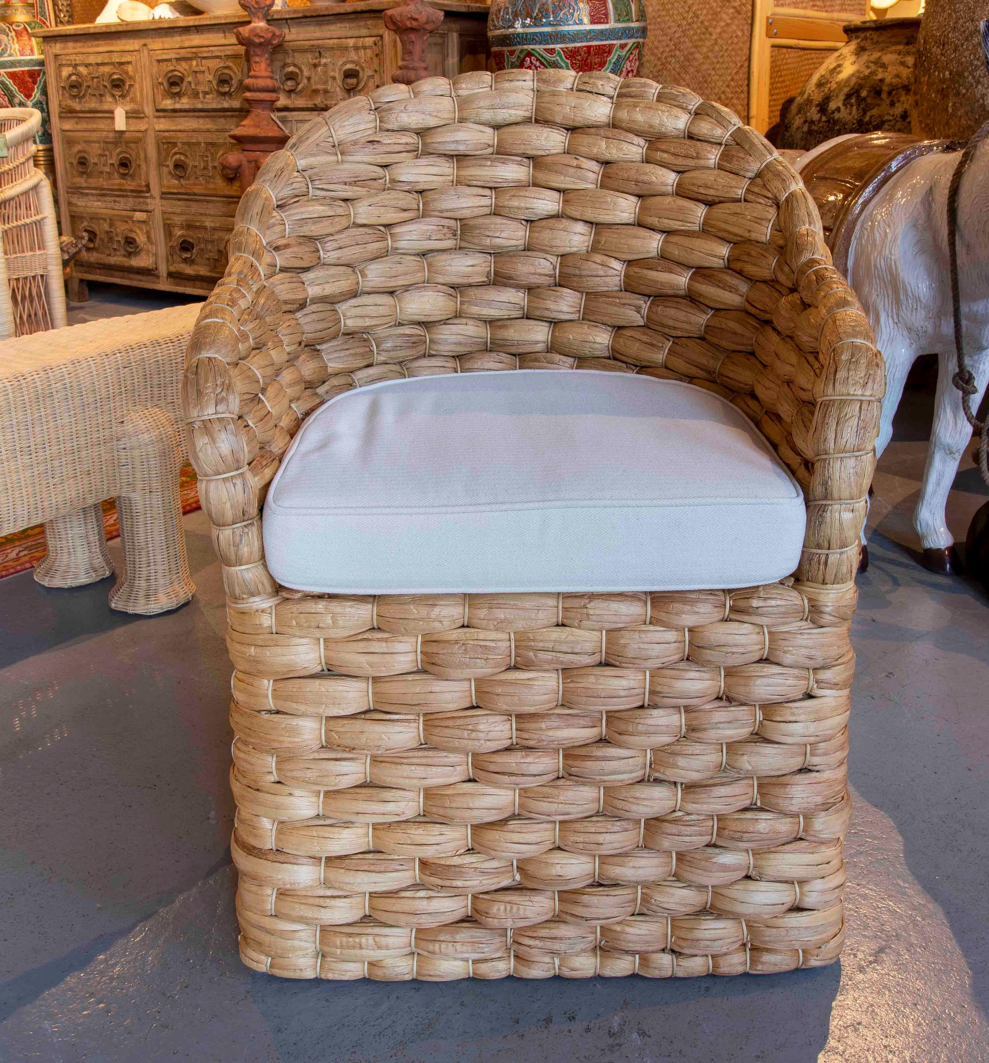 European  Rattan Armchair with Backrest and Cushion in White For Sale