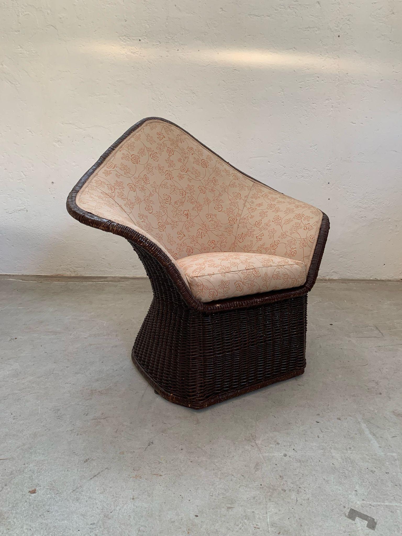 Mid-Century Modern Fauteuil en rotin avec rembourrage en tissu, Italie, années 1960 en vente