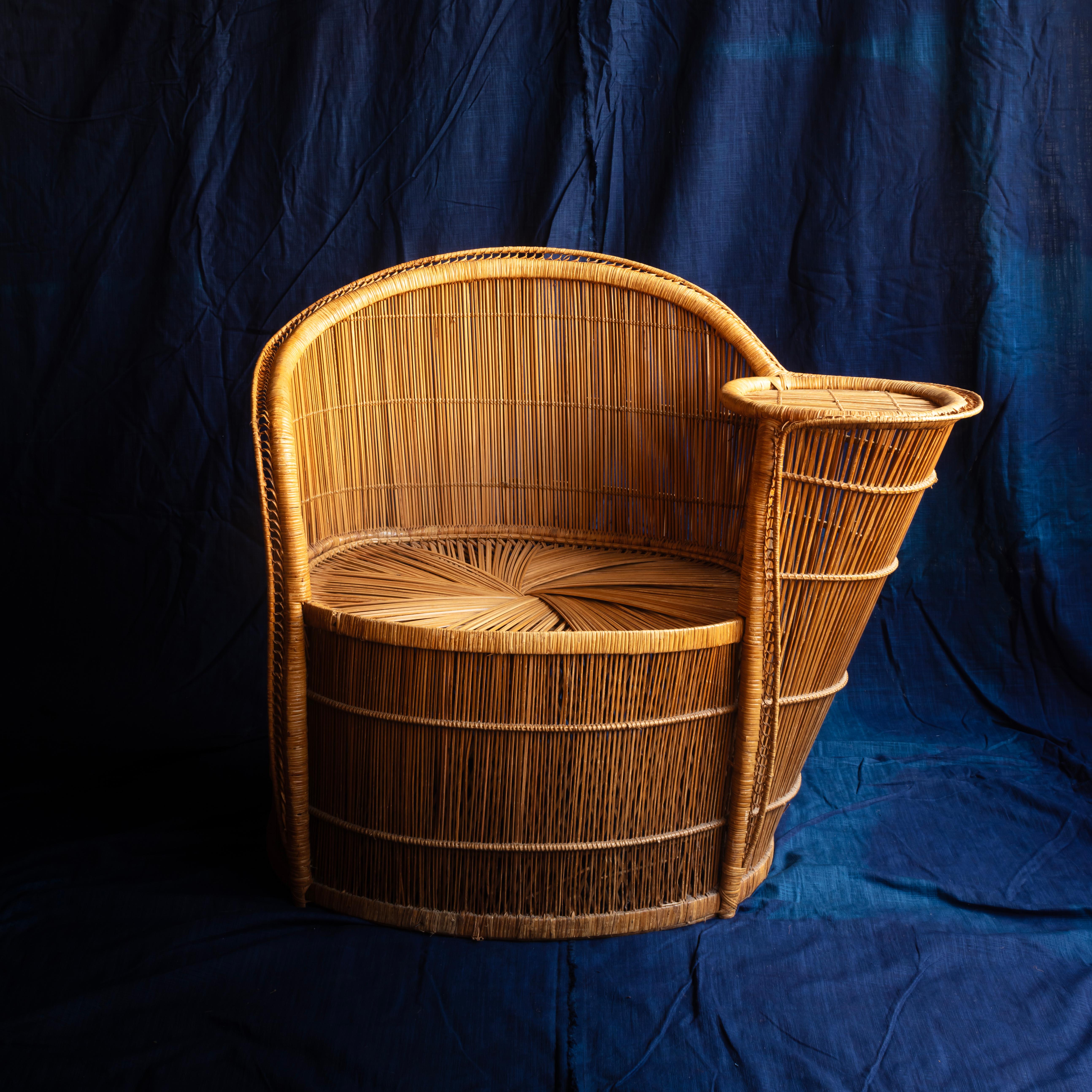 Rattan Armchair with integral side table, French c1960s In Good Condition For Sale In London, GB