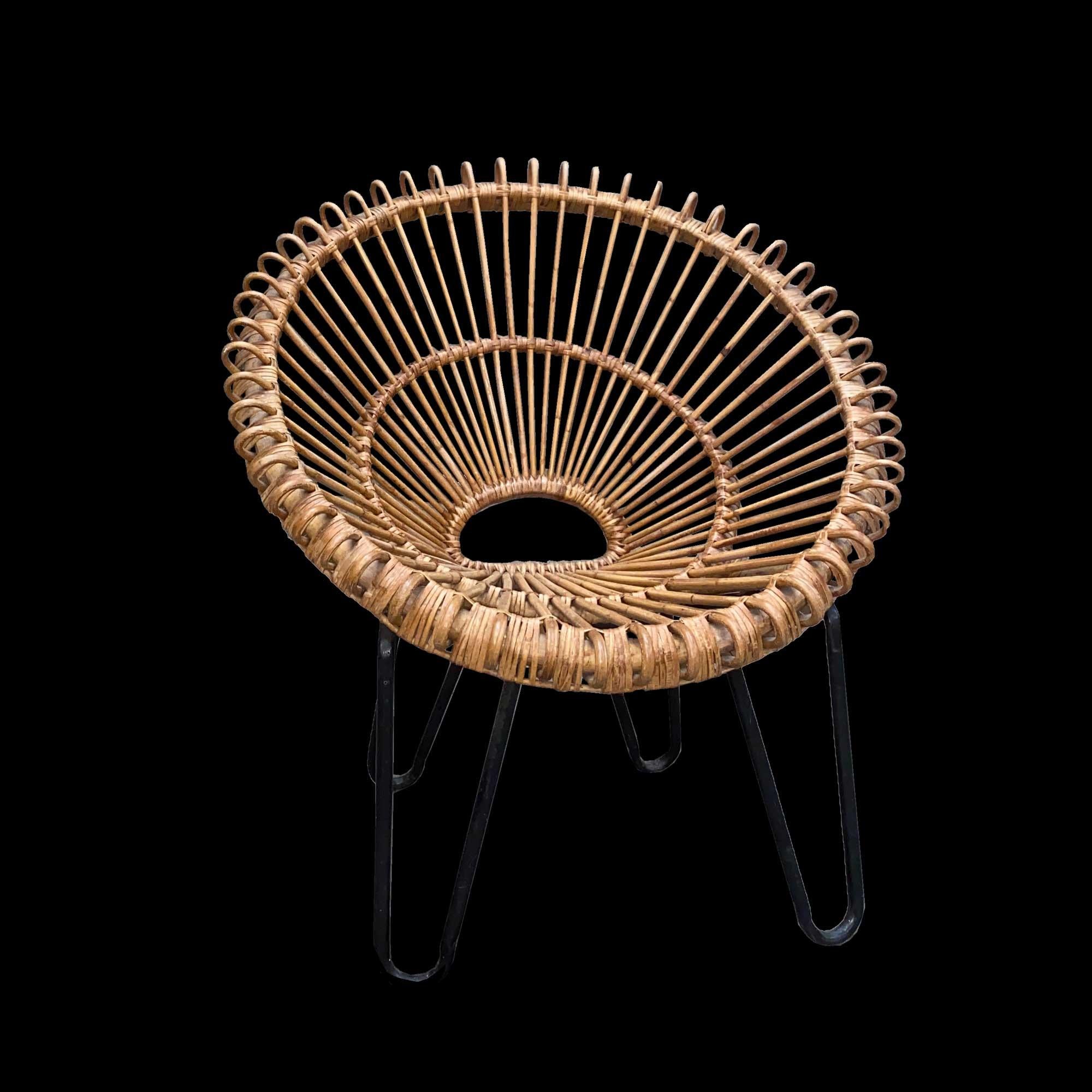 Poltrona in rattan a forma di sole, base in metallo. Molto rappresentativo degli anni '50, spesso attribuito a Franco Albini.
Ottime condizioni originali
spesso troviamo un'attribuzione a Janine Abraham
H. H. 79 cm L. 77 cm × P. 50 cm