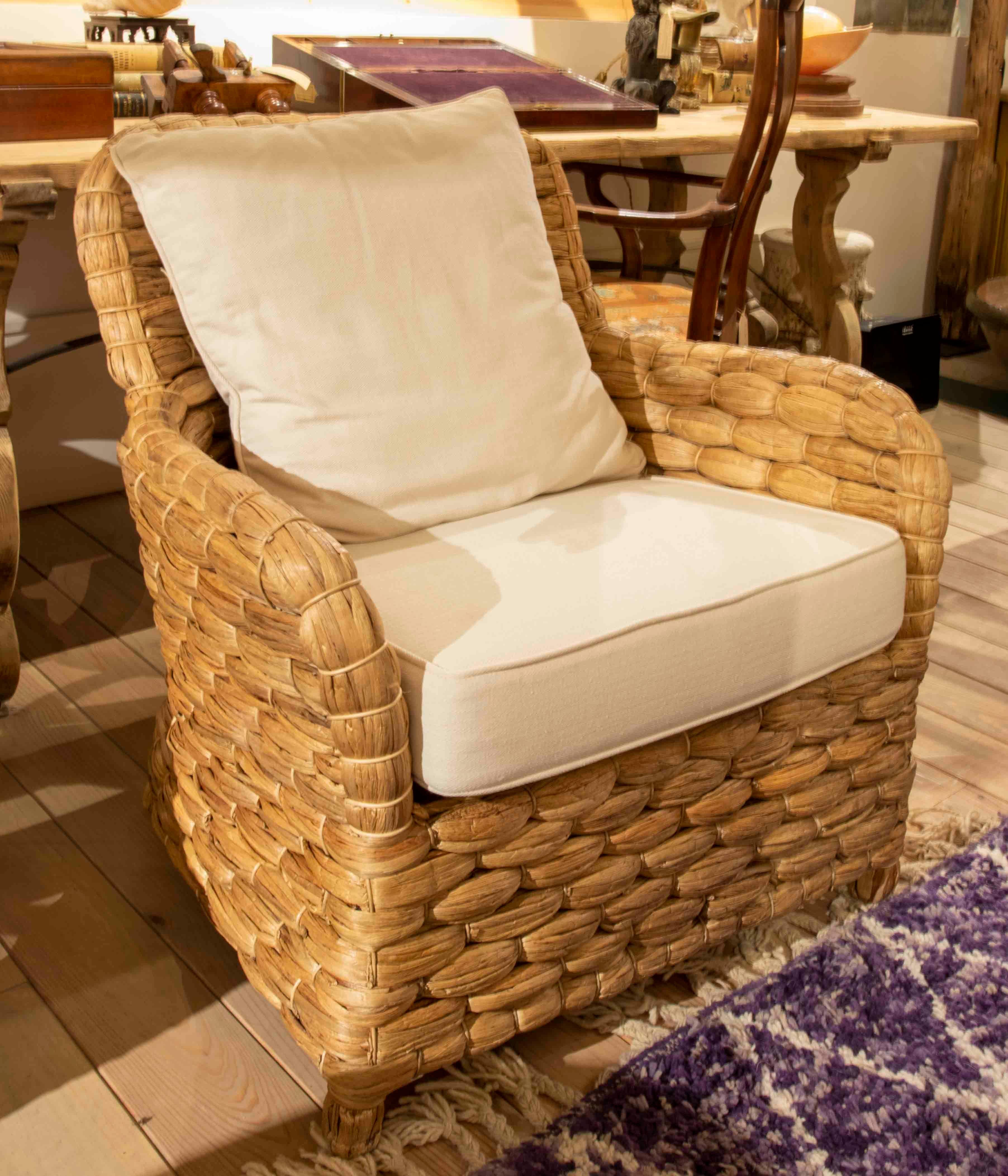 European Rattan Armchair with Straight Back and Cushion in White Tone For Sale