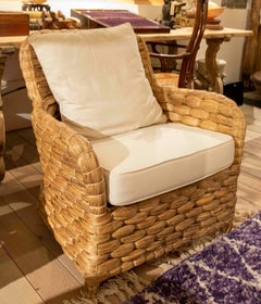 Rattan Armchair with Straight Back and Cushion in White Tone