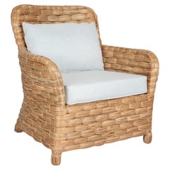 Rattan Armchair with Straight Back and Cushion in White Tone