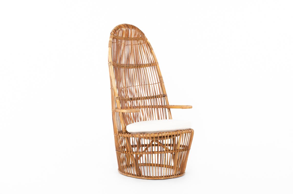 Rattan Armchair with Terry Fabric Cushion, 1950s In Fair Condition For Sale In JASSANS-RIOTTIER, FR