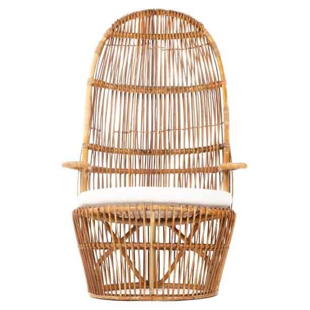 Rattan Armchair with Terry Fabric Cushion, 1950s For Sale