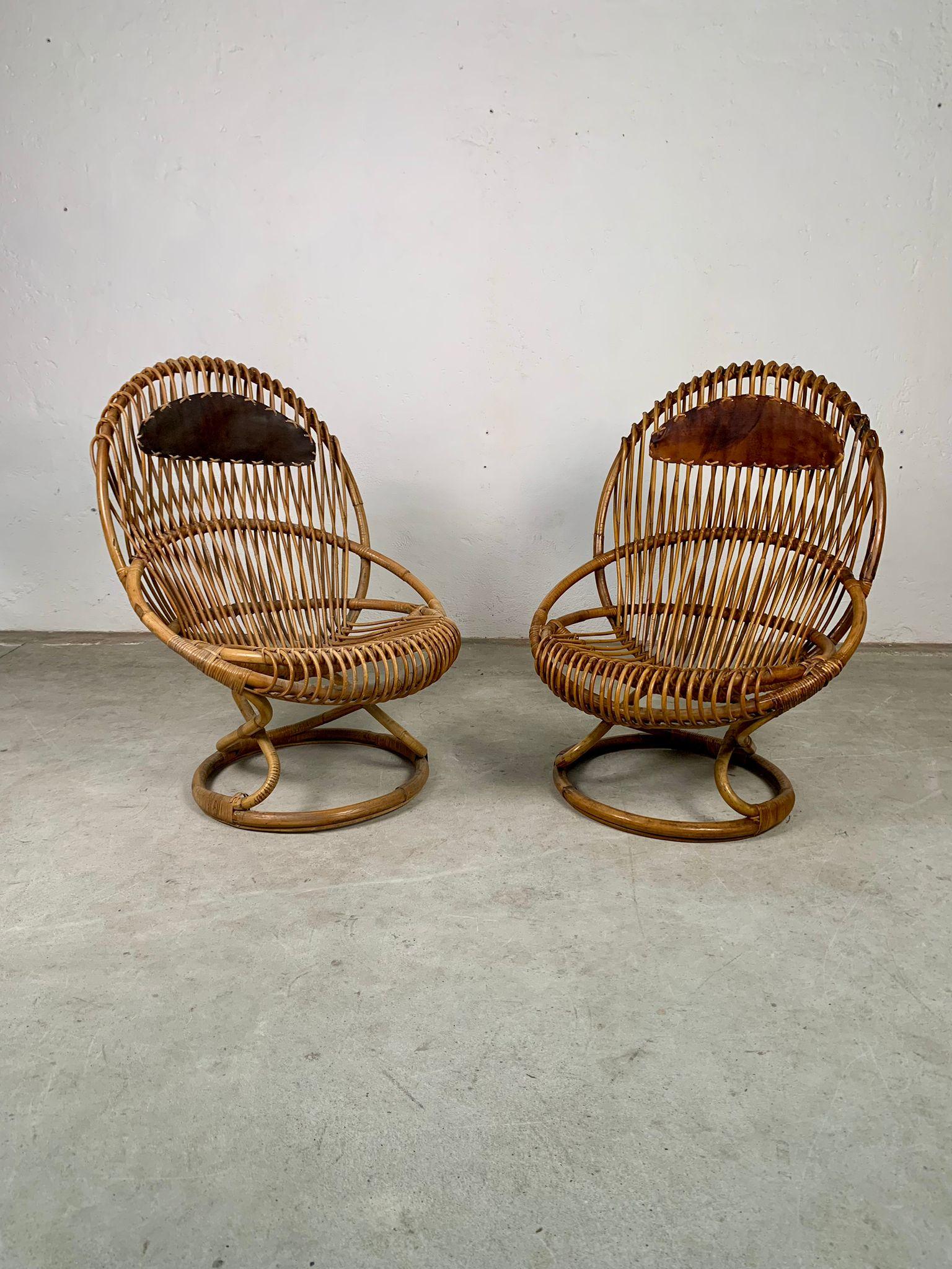 Rattan armchairs model Tre cerchi by Tito Agnoli for Bonacina, Italy, 1960s For Sale 3