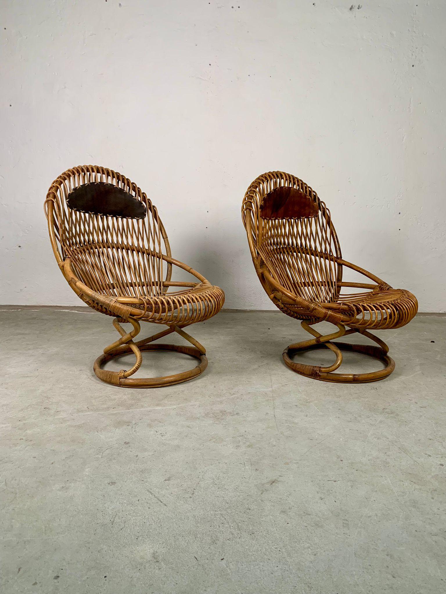 Rattan armchairs model Tre cerchi by Tito Agnoli for Bonacina, Italy, 1960s For Sale 4