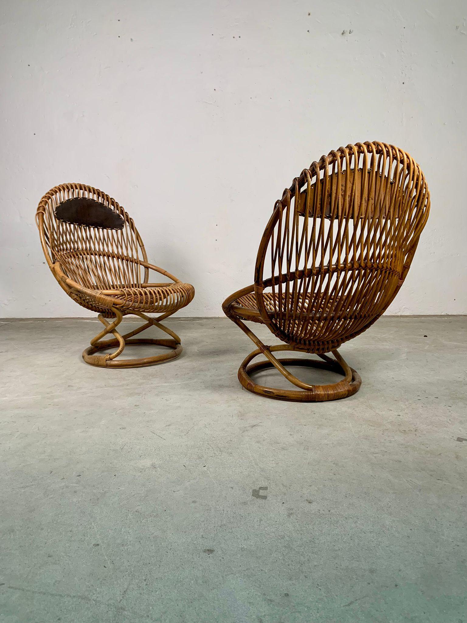 Rattan armchairs model Tre cerchi by Tito Agnoli for Bonacina, Italy, 1960s For Sale 5