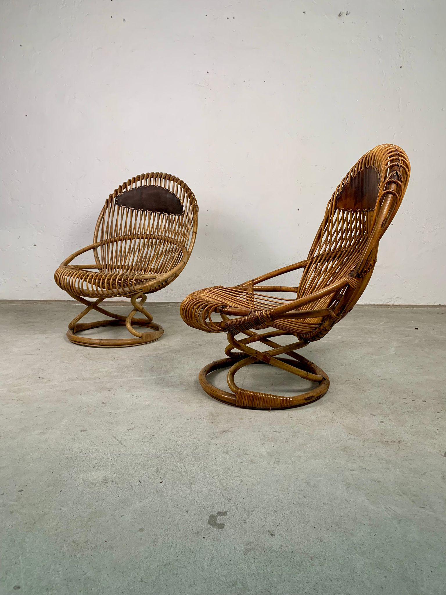 Rattan armchairs model Tre cerchi by Tito Agnoli for Bonacina, Italy, 1960s For Sale 7