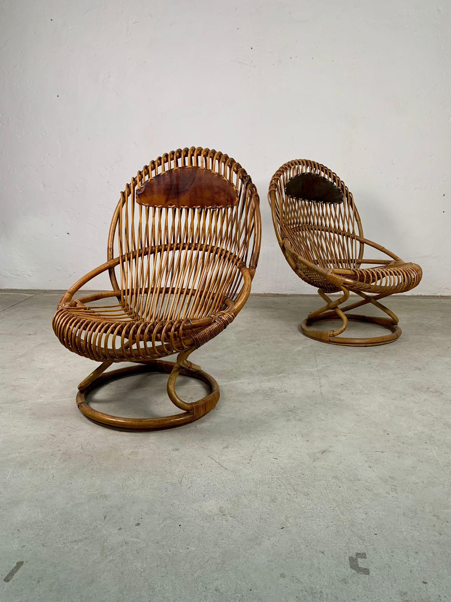 Italian Rattan armchairs model Tre cerchi by Tito Agnoli for Bonacina, Italy, 1960s For Sale