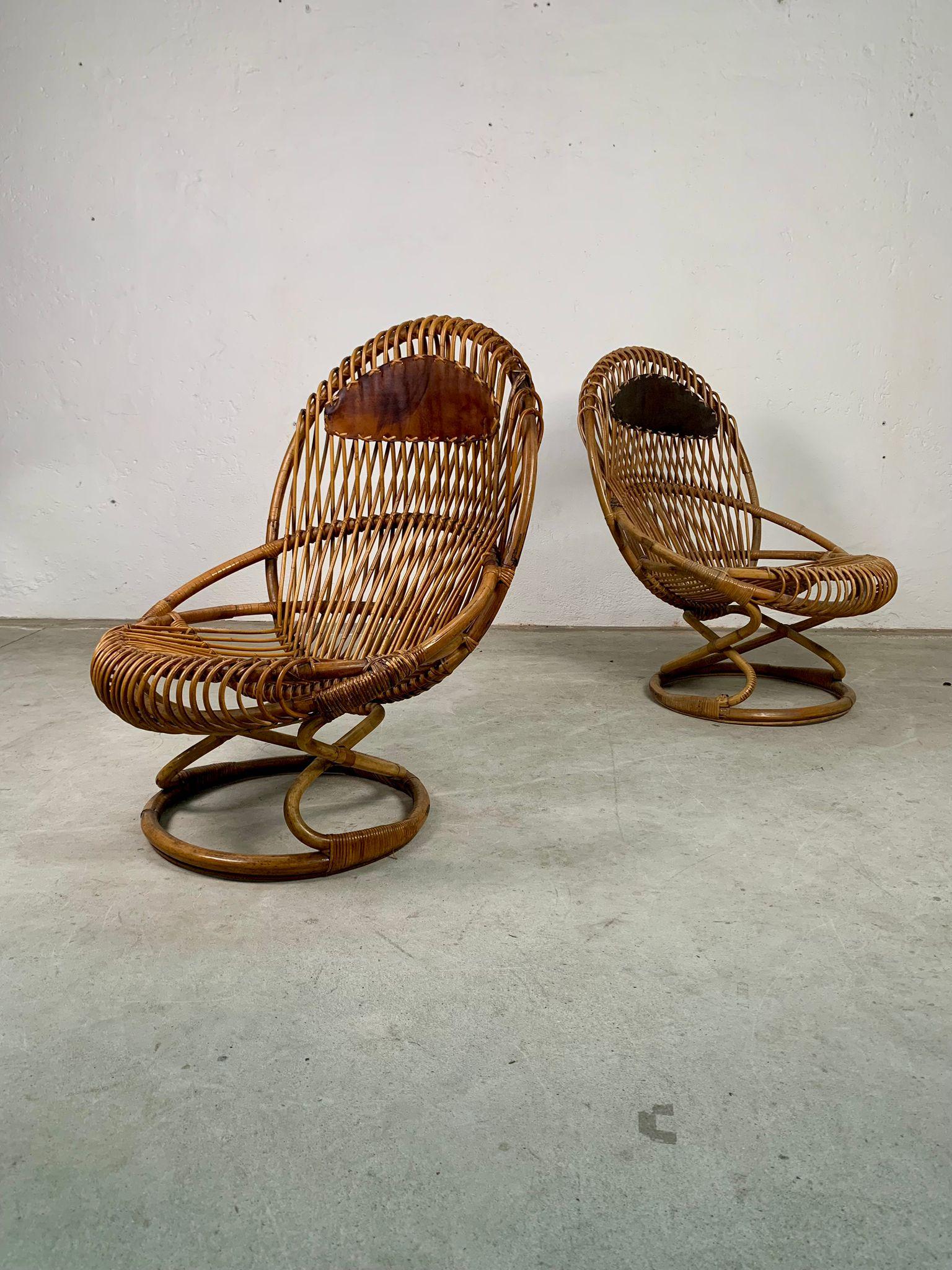 Rattan armchairs model Tre cerchi by Tito Agnoli for Bonacina, Italy, 1960s In Good Condition For Sale In Milano, IT