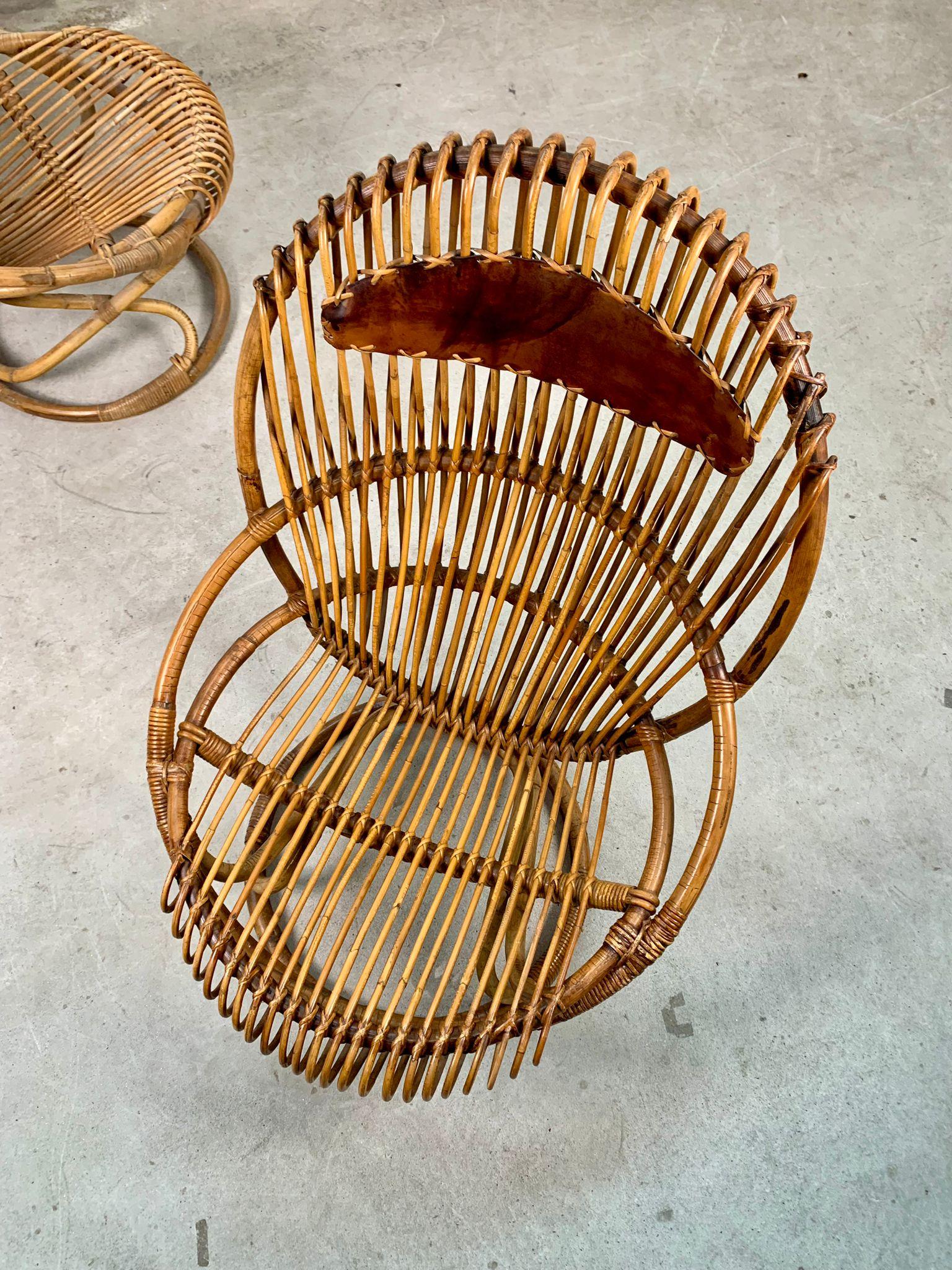 Mid-20th Century Rattan armchairs model Tre cerchi by Tito Agnoli for Bonacina, Italy, 1960s For Sale