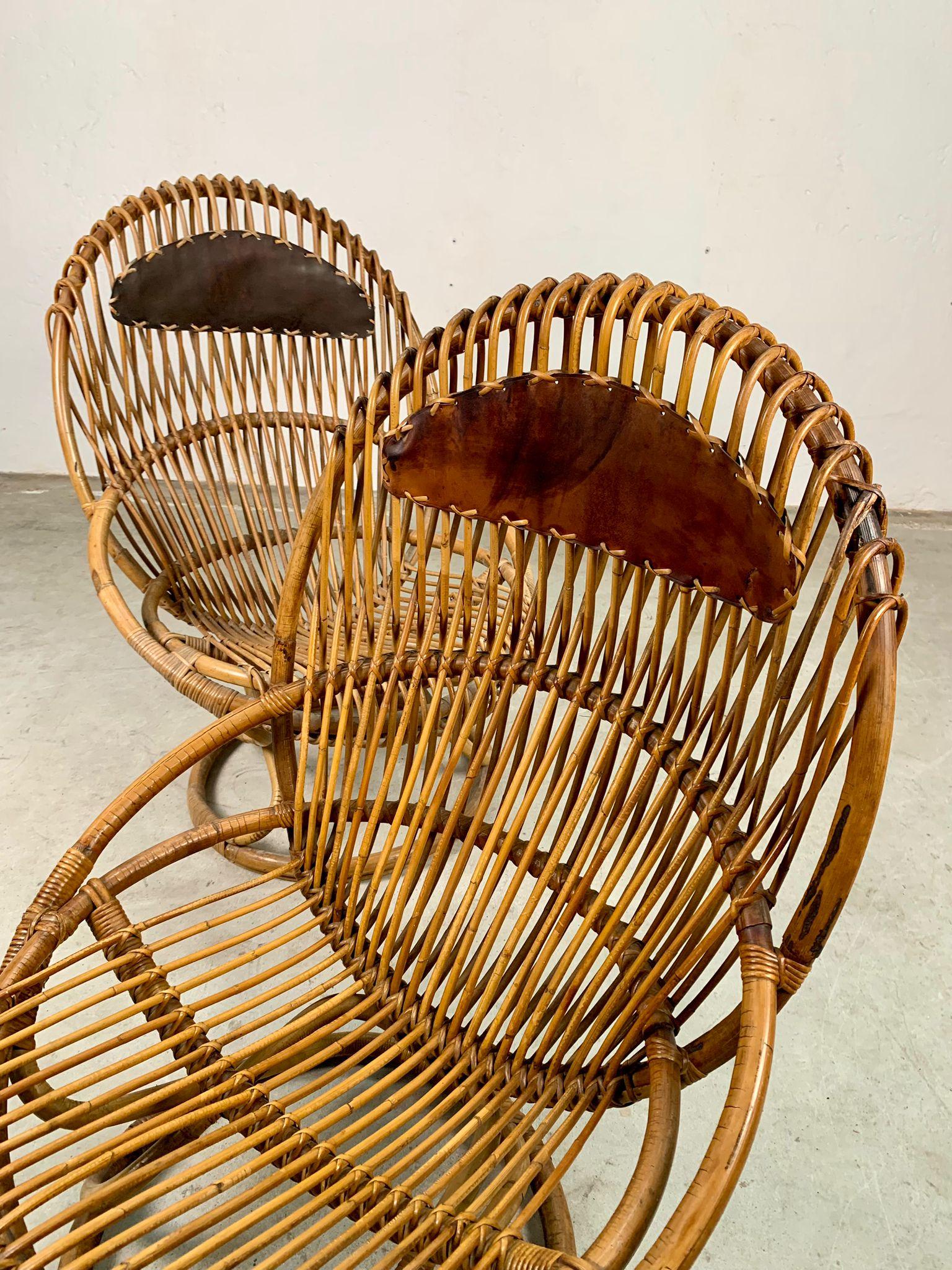 Leather Rattan armchairs model Tre cerchi by Tito Agnoli for Bonacina, Italy, 1960s For Sale