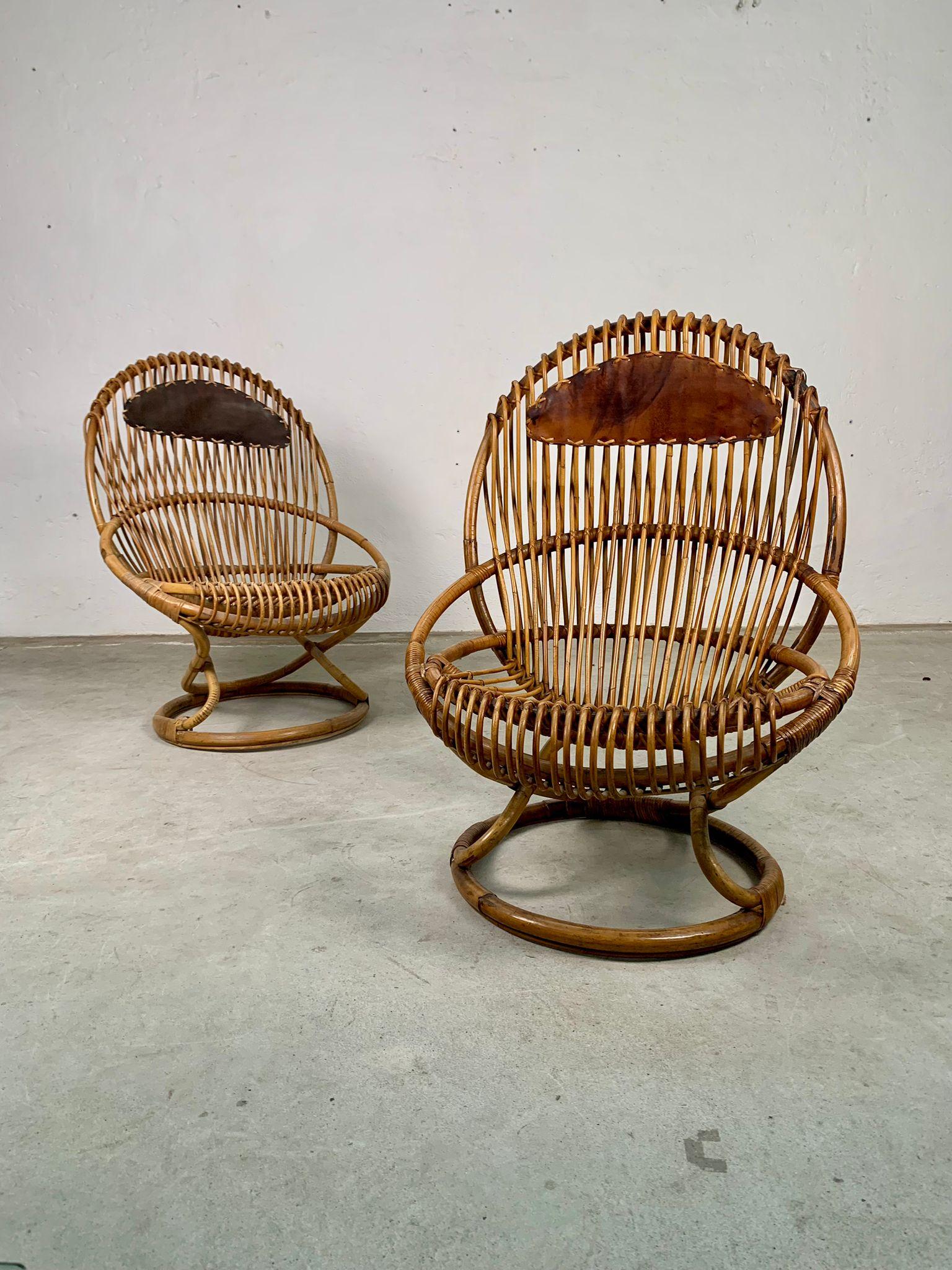Rattan armchairs model Tre cerchi by Tito Agnoli for Bonacina, Italy, 1960s For Sale 1