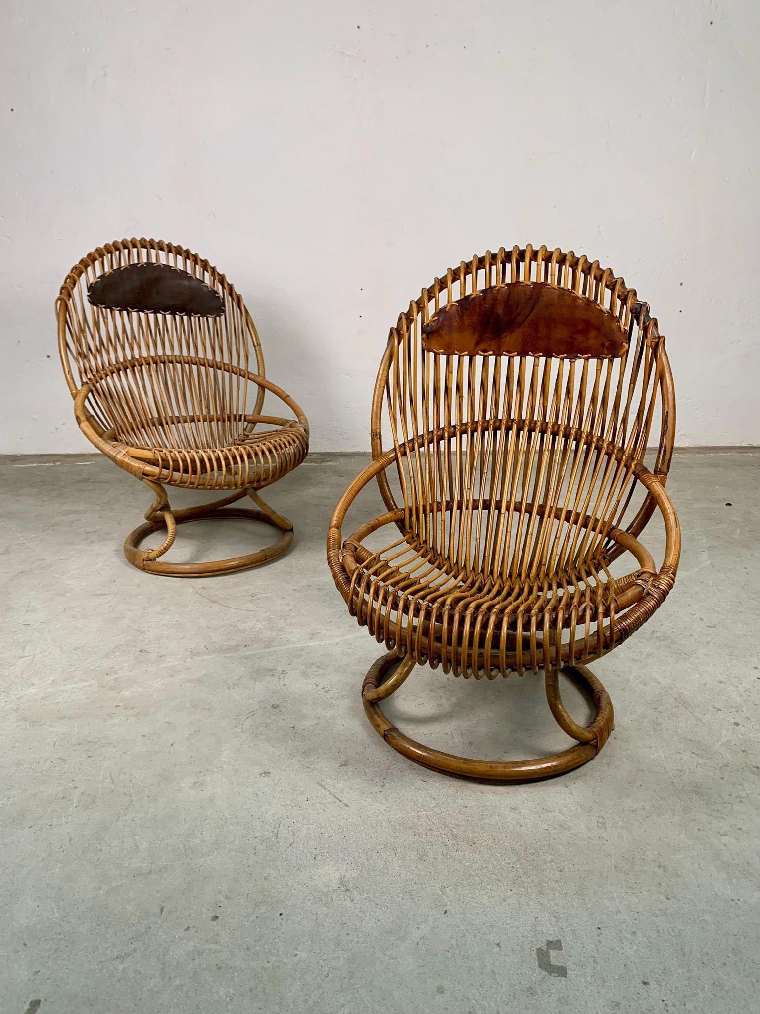 Rattan armchairs model Tre cerchi by Tito Agnoli for Bonacina, Italy, 1960s For Sale 2