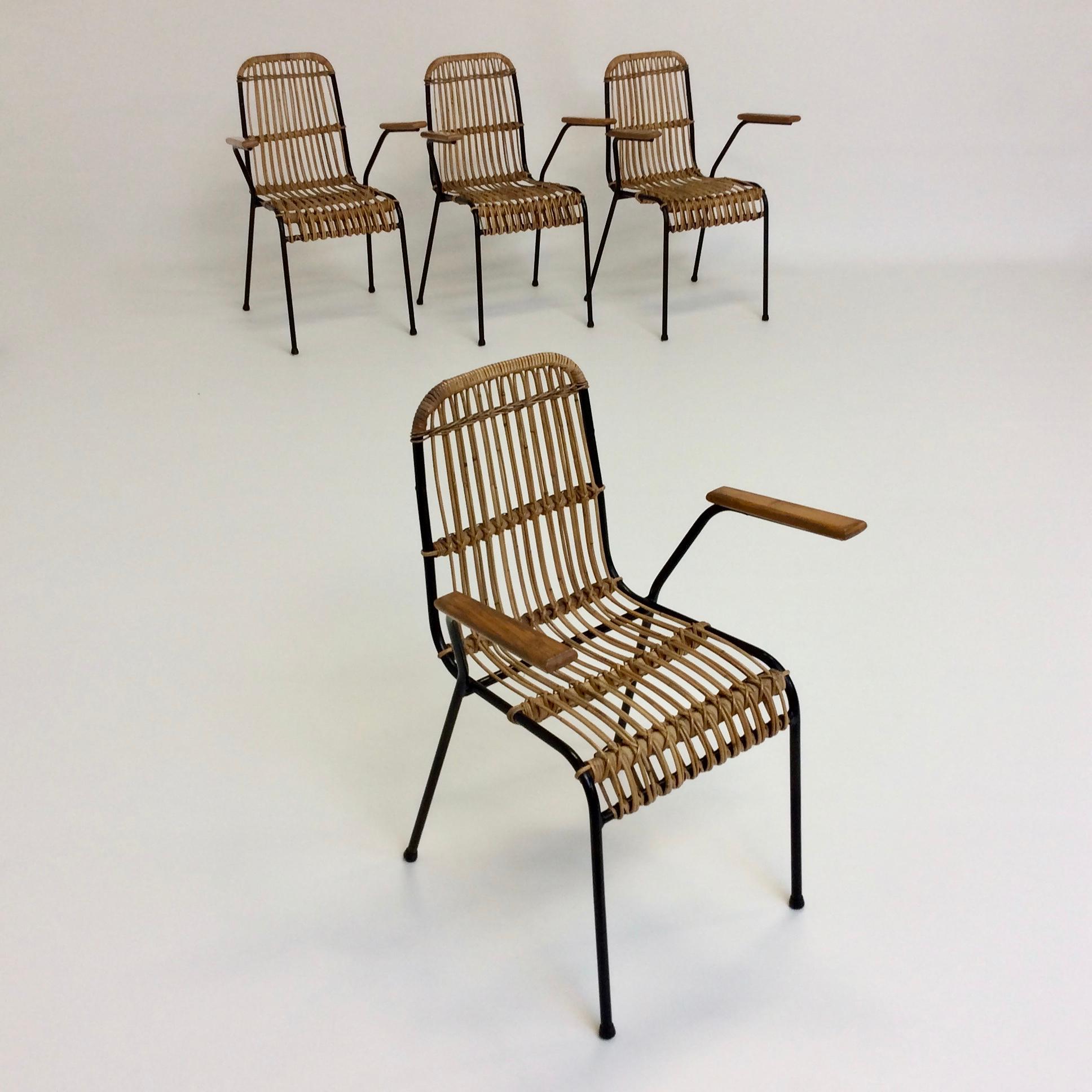 Rattan Armchairs, Set of Four, circa 1950, France 6