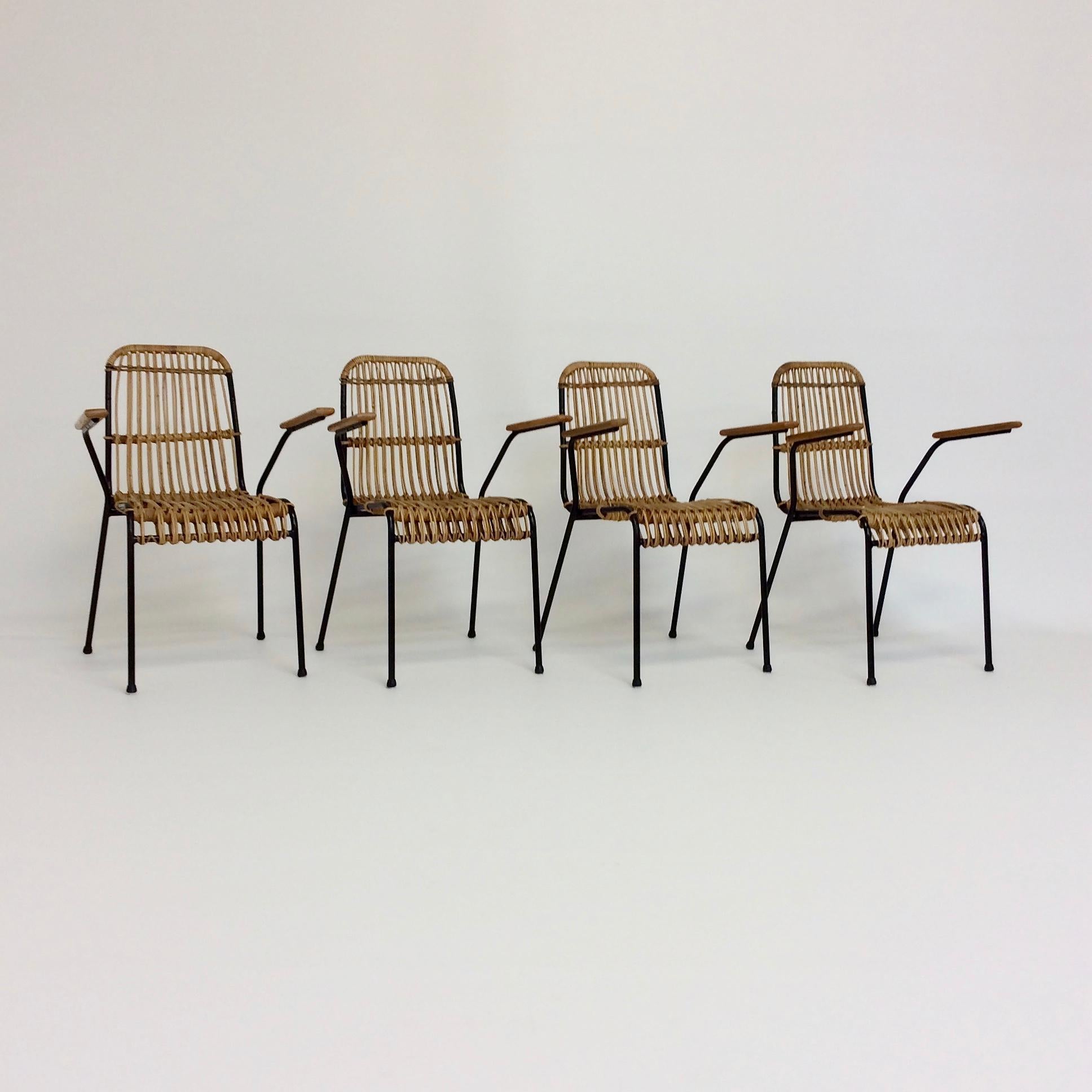 Rattan Armchairs, Set of Four, circa 1950, France In Good Condition In Brussels, BE
