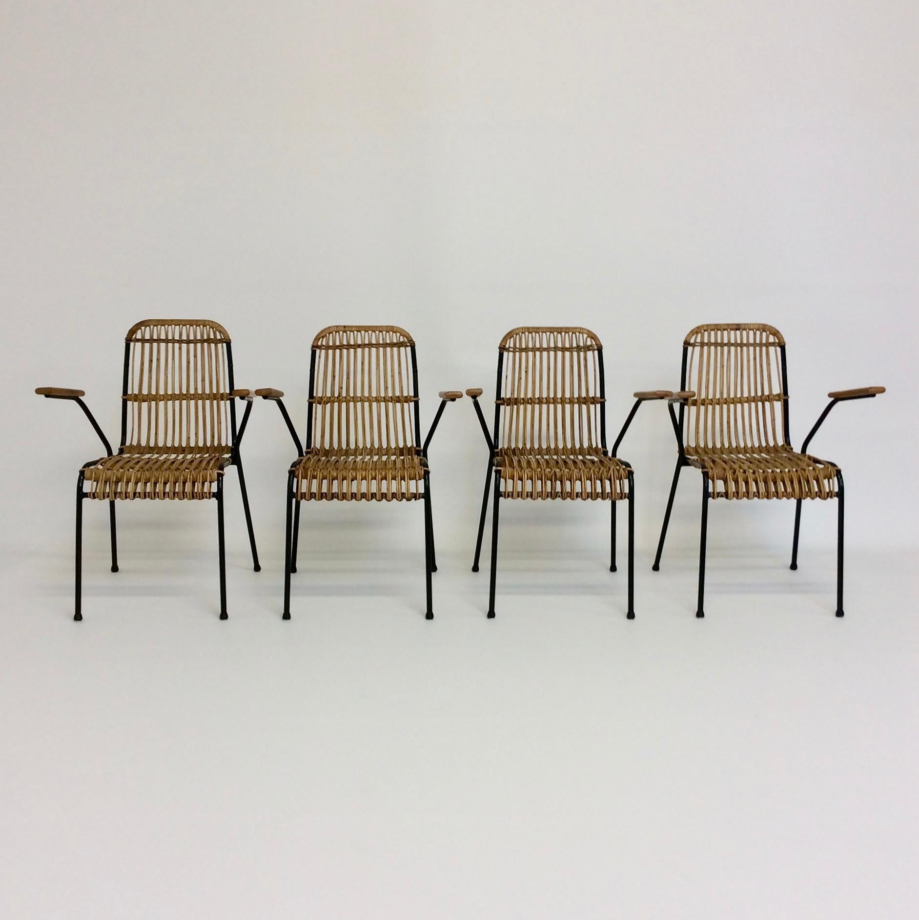 Metal Rattan Armchairs, Set of Four, circa 1950, France