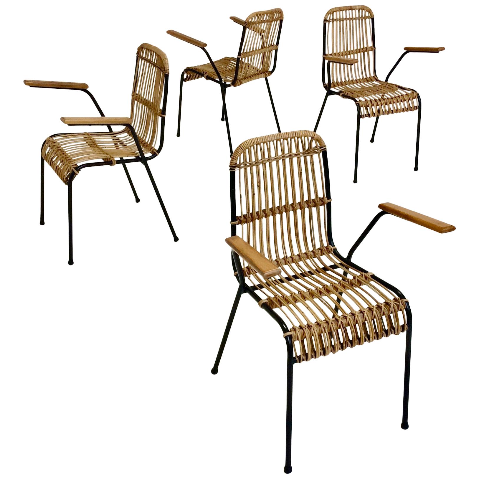 Rattan Armchairs, Set of Four, circa 1950, France